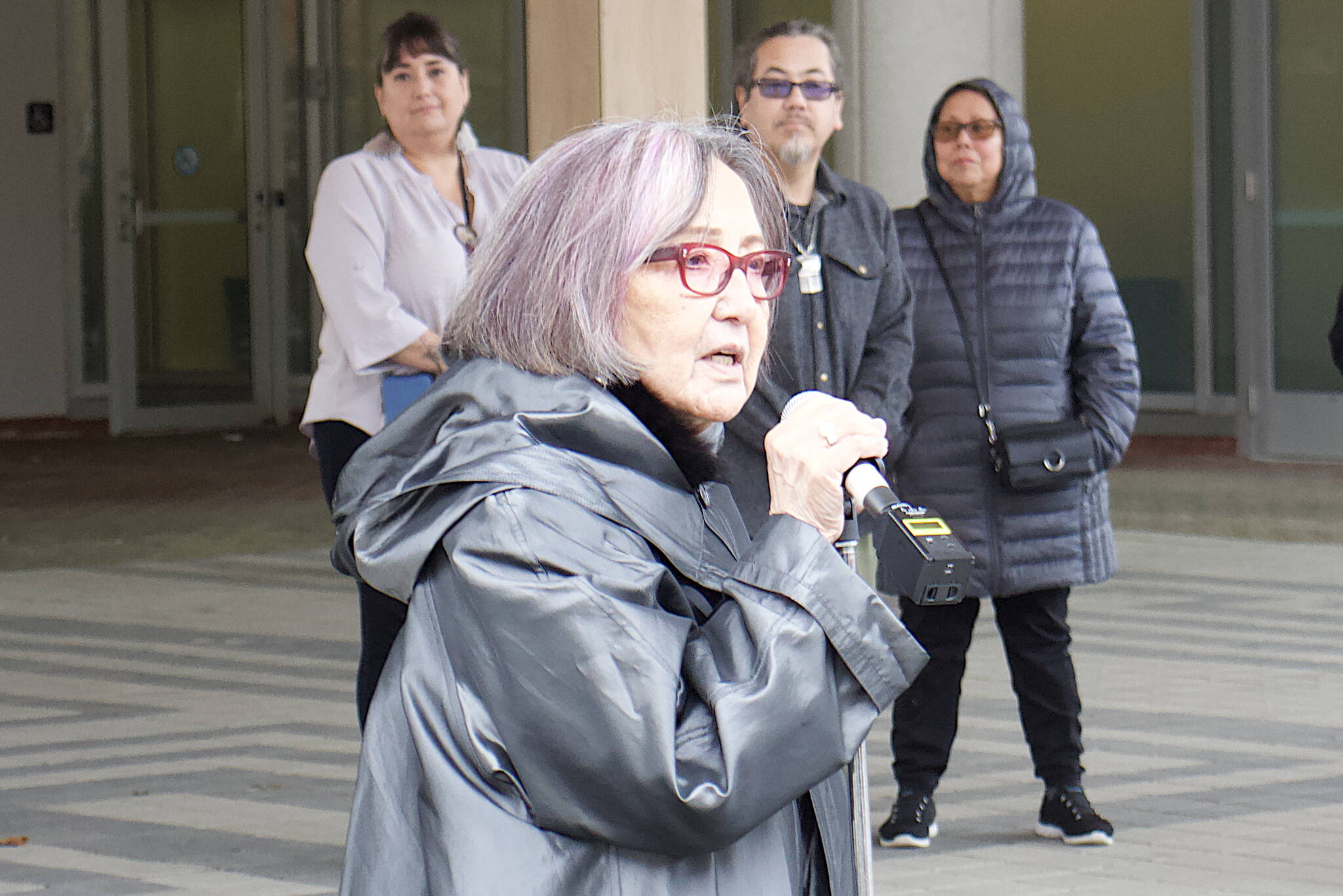 Sealaska Heritage Institute President Rosita Worl, who publicly expressed the desire to change a portion of Seward Street to Heritage Way, speaks to a crowd Wednesday during a ceremony at Sealaska Plaza celebrating the change. (Mark Sabbatini / Juneau Empire)