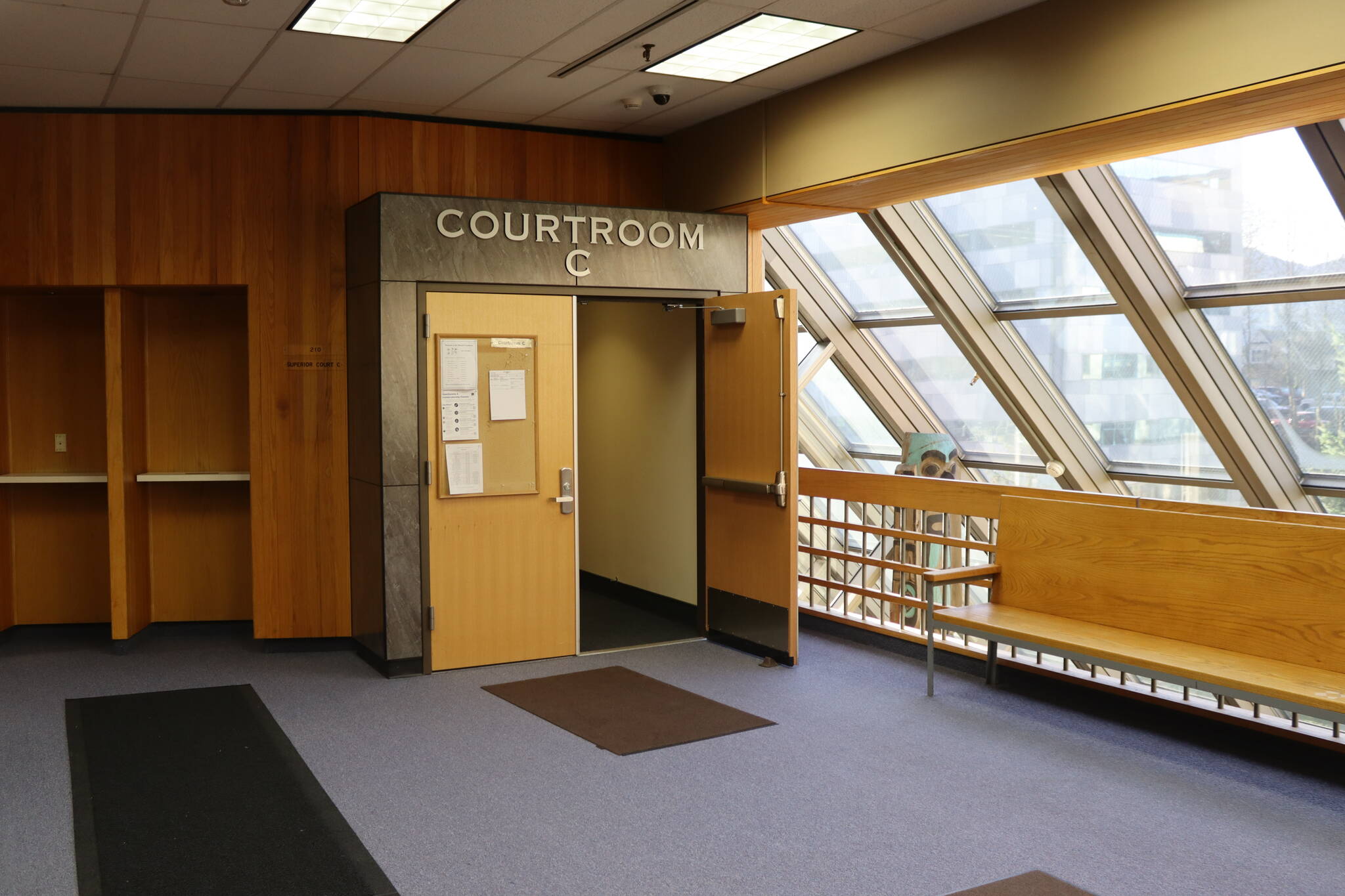 Juneau Courthouse Courtroom C on Thursday, the day the trial started for Sonya Taton, a Juneau woman accused of fatally stabbing a man in 2019 and the non-fatal stabbing of another man in 2016. (Meredith Jordan/ Juneau Empire)