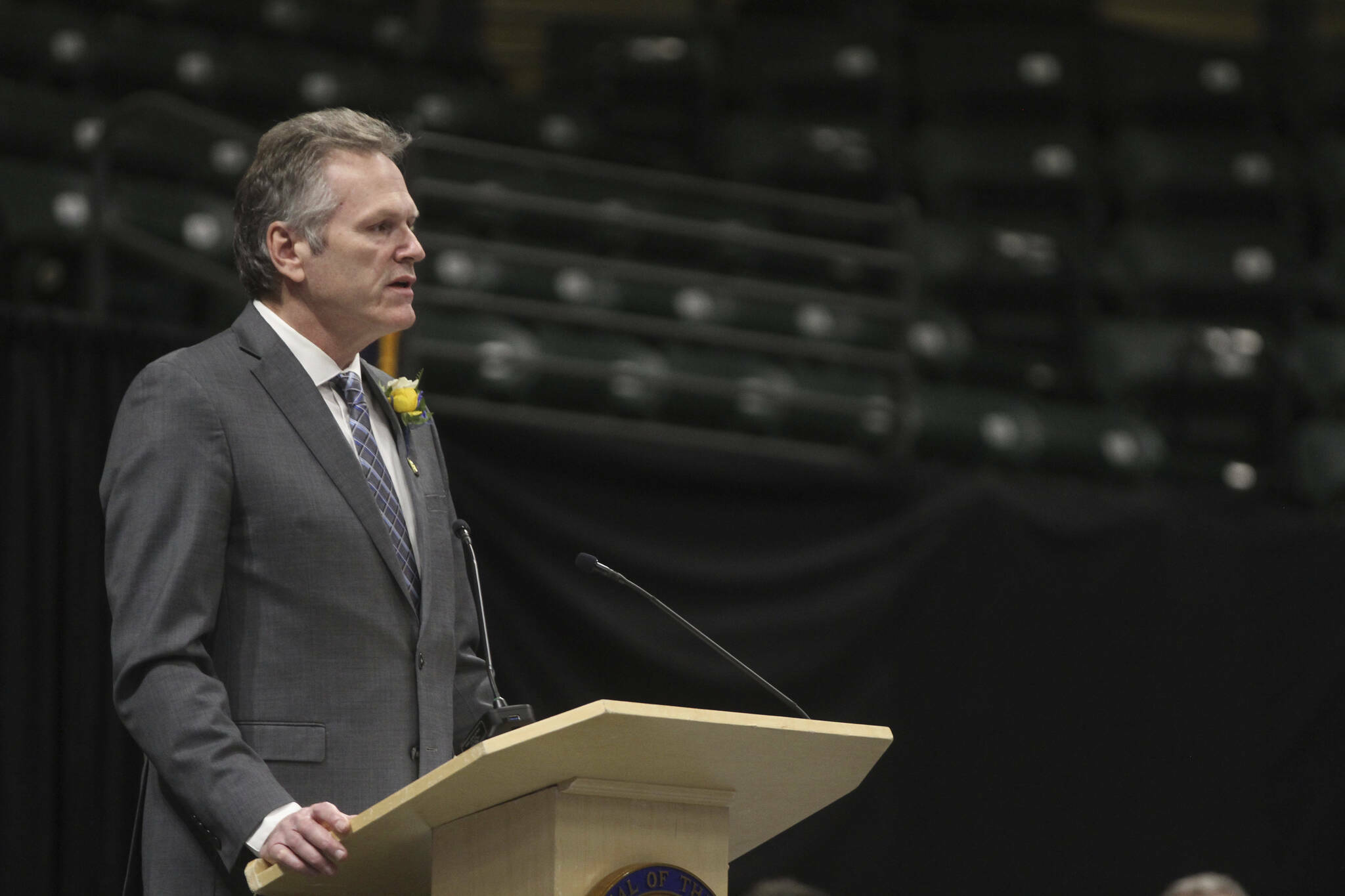 Gov. Mike Dunleavy addresses the audience during his inauguration ceremony Monday, Dec. 5, 2022, in Anchorage. (AP Photo/Mark Thiessen)