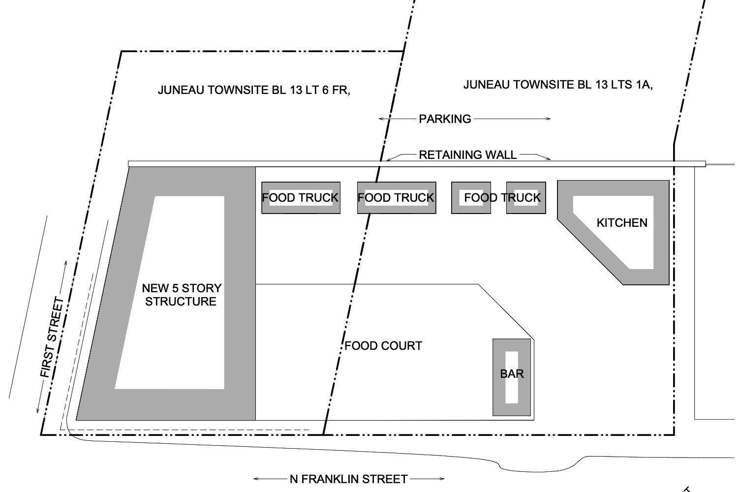 A blueprint shows the planned second phase of a commercial and resident development project in downtown Juneau, which is currently used by seasonal food trucks and where the historic Elks Lodge was located. (Illustration by Northwind Architects submitted to the City and Borough of Juneau)