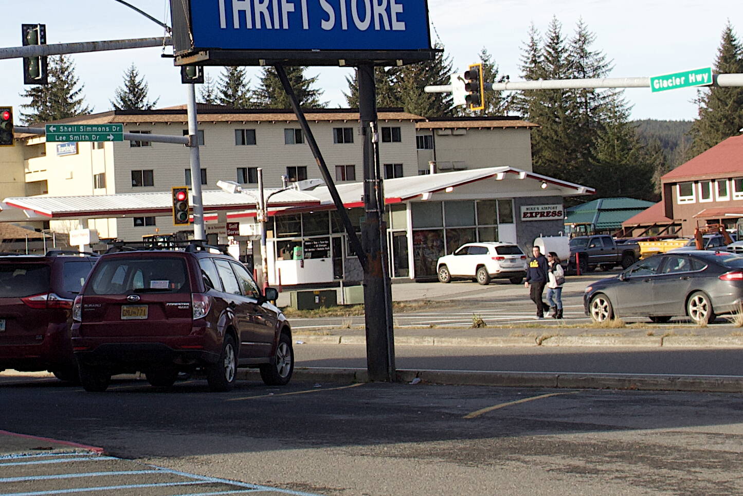 The intersection of Glacier Highway and Shell Simmons Drive, seen here at midday Thursday, is where a hit-and-run accident that resulted in life-threatening injuries to a pedestrian struck by a vehicle occurred Thursday night, according to the Juneau Police Department. (Meredith Jordan / Juneau Empire File)