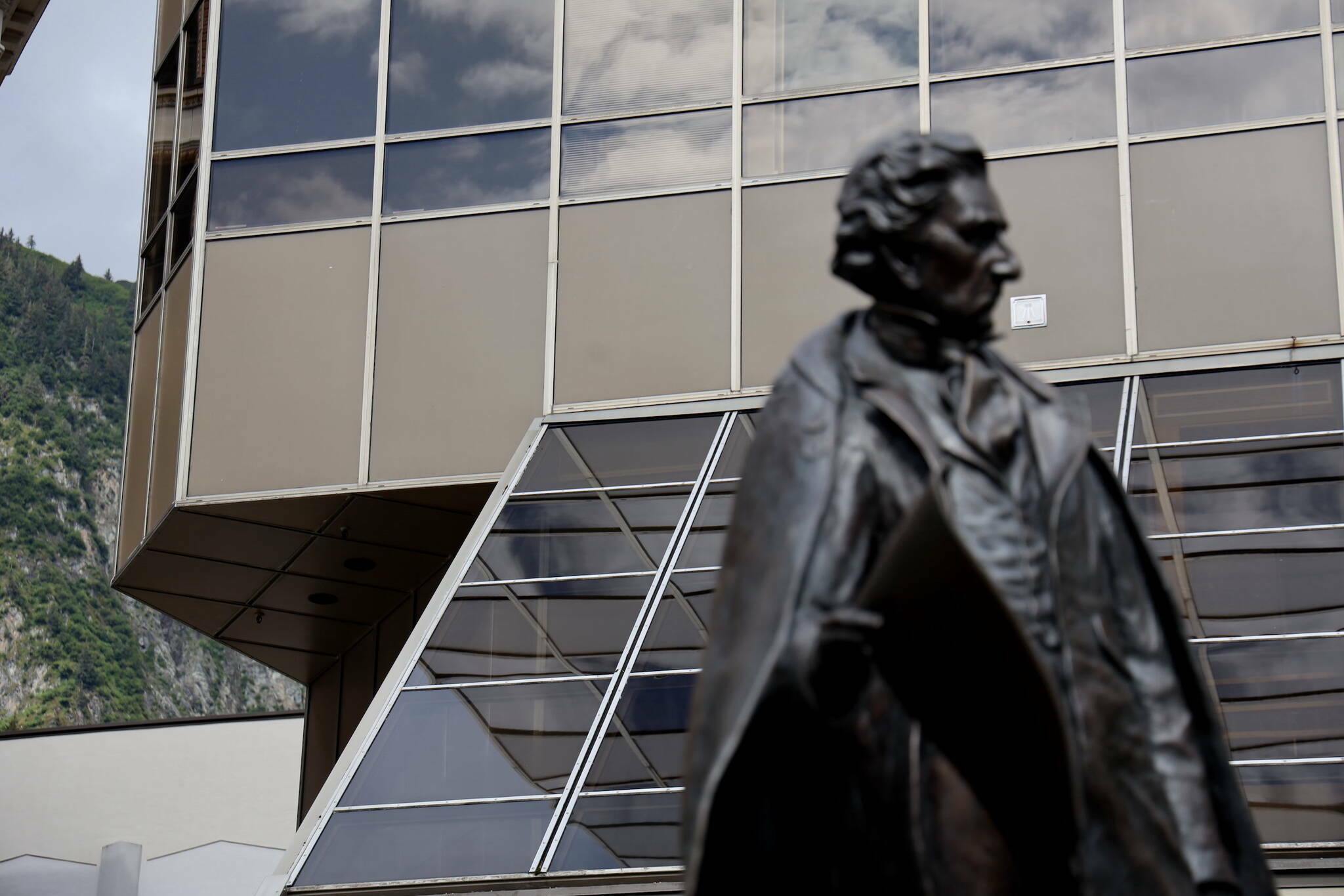 A statue of William Henry Seward stands outside the Dimond Courthouse in downtown Juneau. An appeal in a dispute regarding the Palmer Mine project has been filed in state Superior Court. (Clarise Larson / Juneau Empire File)
