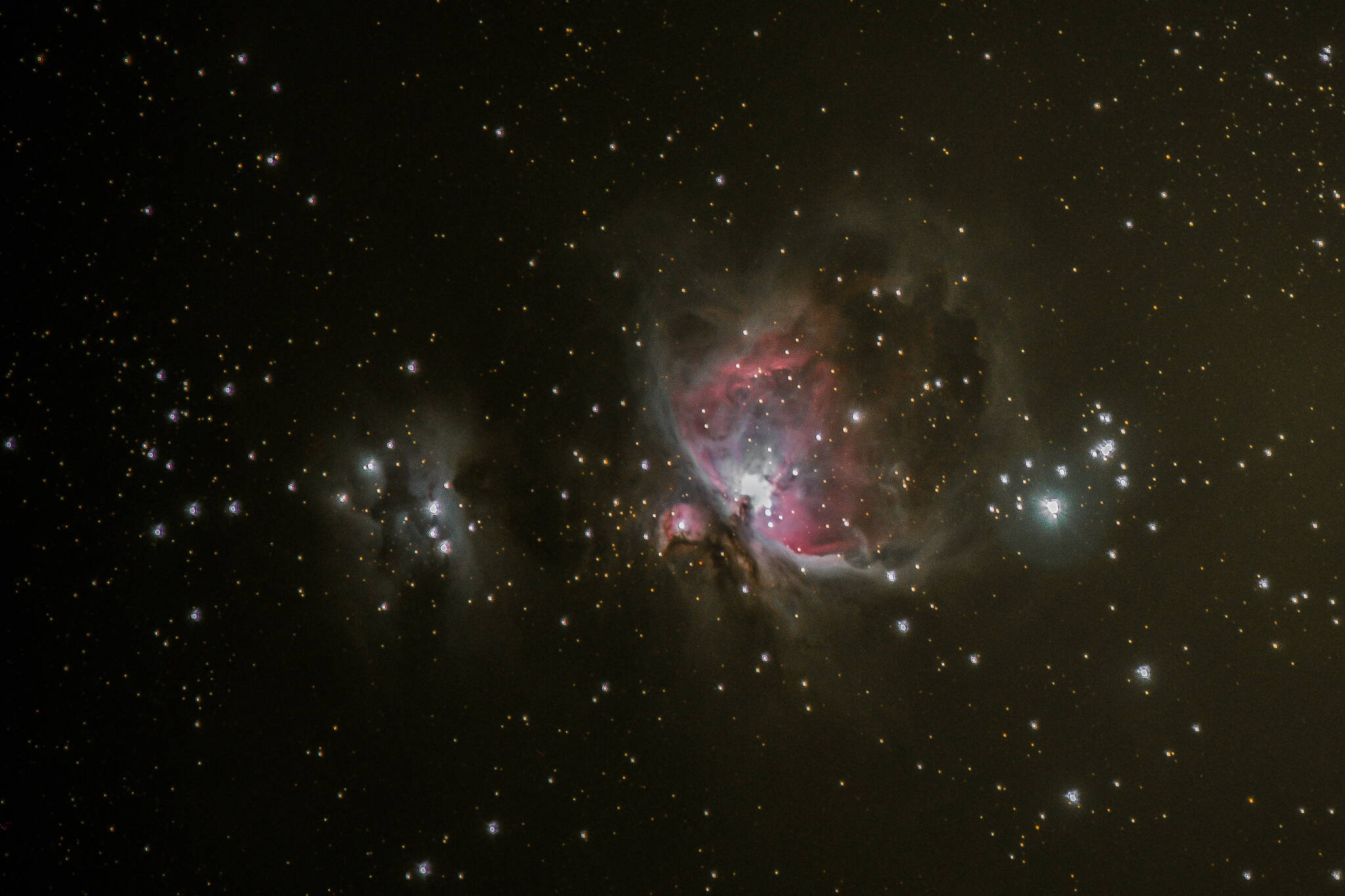 The Orion Nebula as seen from Auke Bay on Oct. 26. Taken with a DSLR camera and a 300mm telephoto lens on a tracking device for timed exposures. Multiple 25-second exposures were taken and then stacked to gain more detail. (Photo by Mark Schwan)