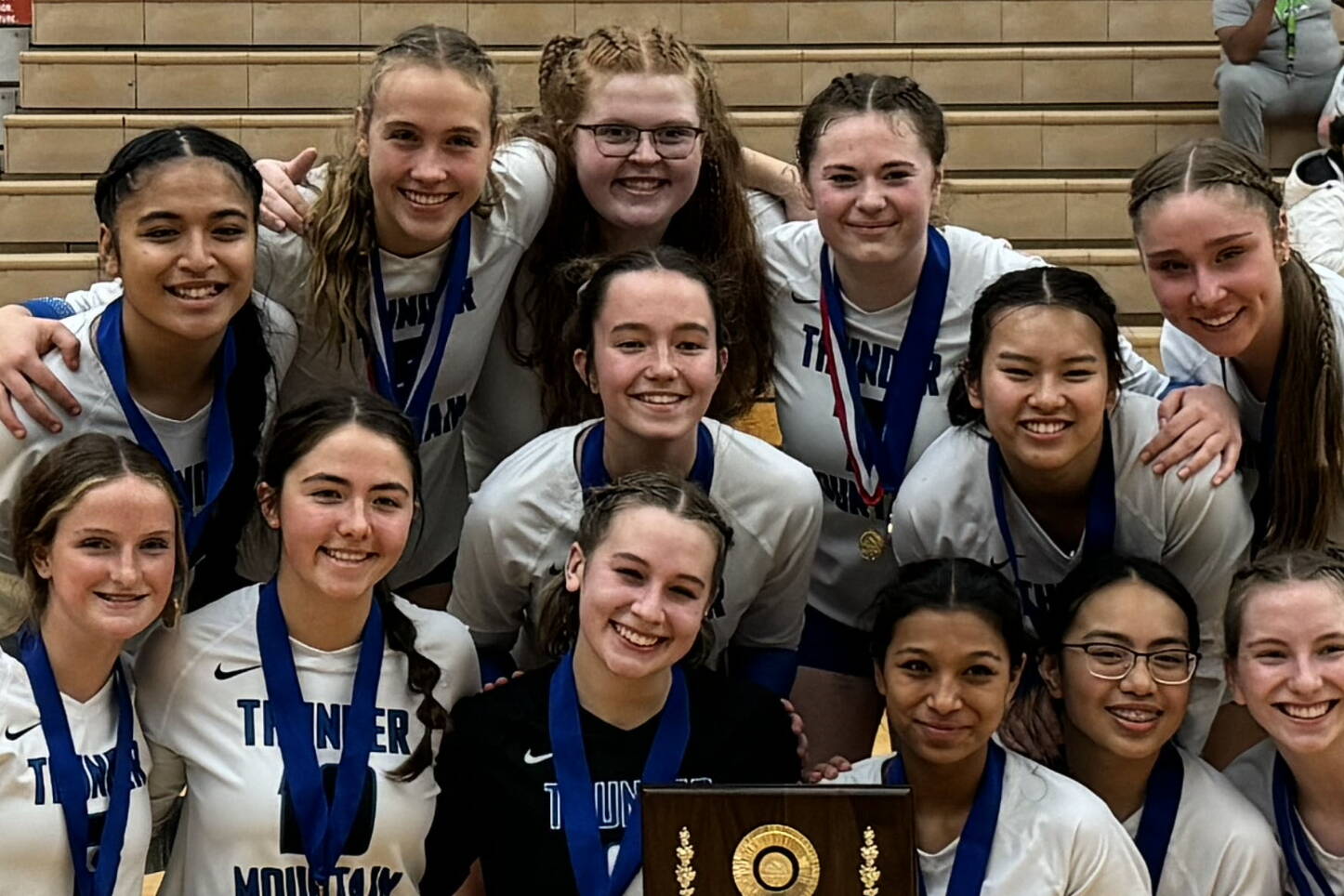 The Thunder Mountain High School volleyball team, seen here in the official program for the 2023 Alaska School Activities Association’s 4A Volleyball Championship, lost their opening game of the double-elimination tournament to South Anchorage High School on Thursday. (Photo courtesy of ASAA)