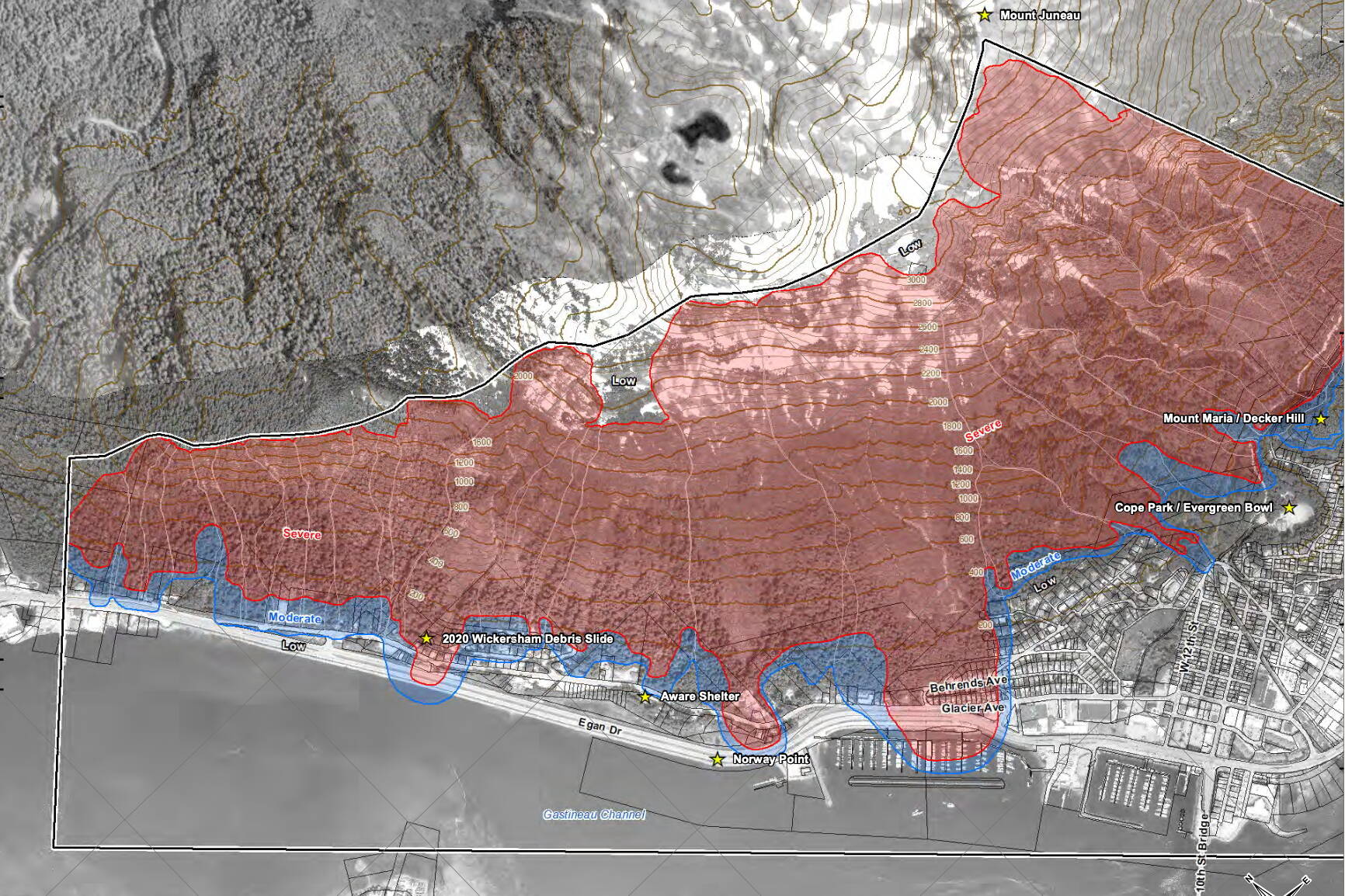 A map shows areas of downtown Juneau considered at severe (red) and moderate (blue) risk of avalanches. The Juneau Assembly is scheduled on Monday to give initial consideration to an ordinance regulating development in such areas. (City and Borough of Juneau)
