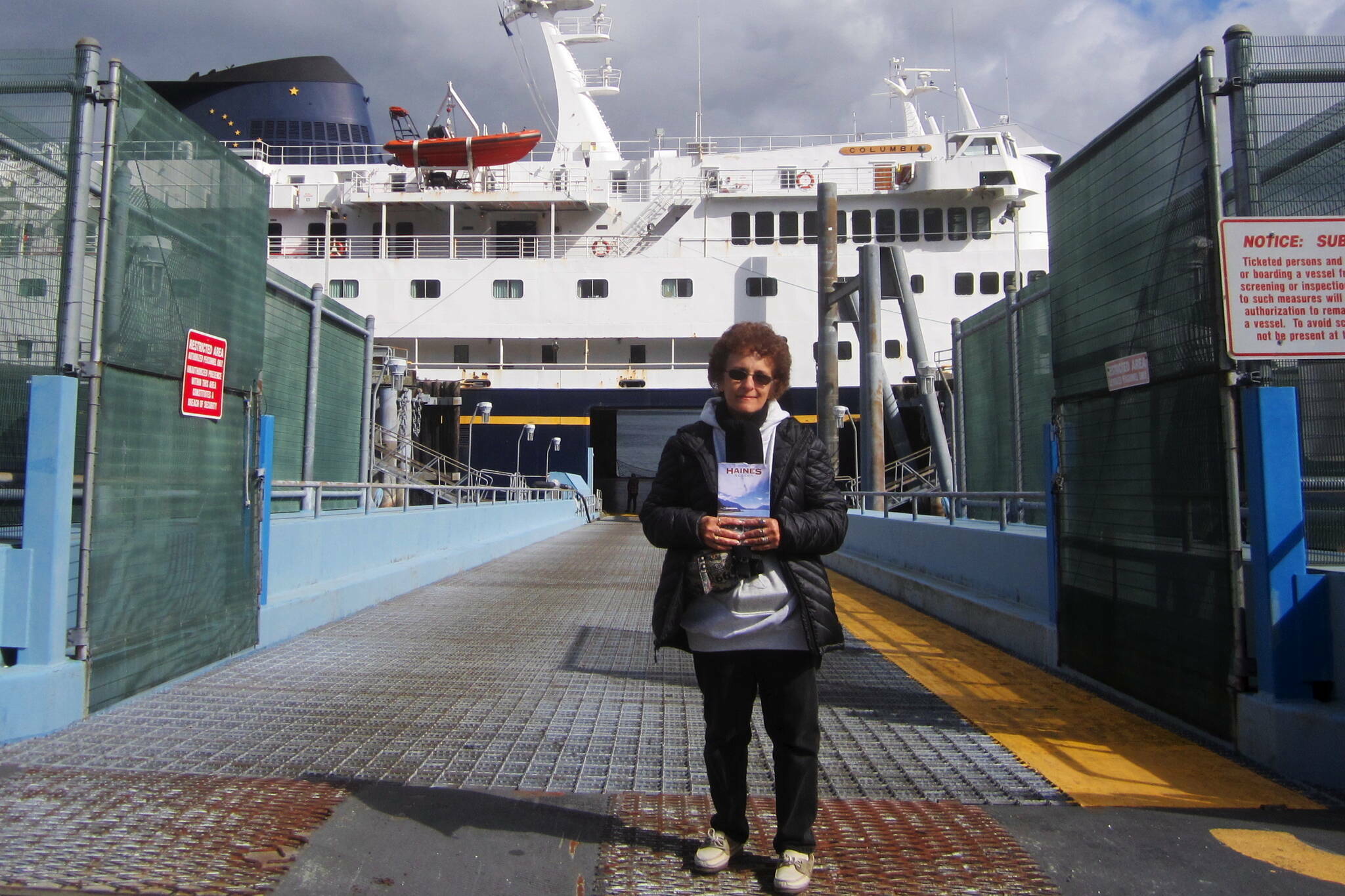 Author standing at the Sitka terminal ramp May 22 waiting to board the Columbia to Haines. (Photo courtesy of Regina Discenza)