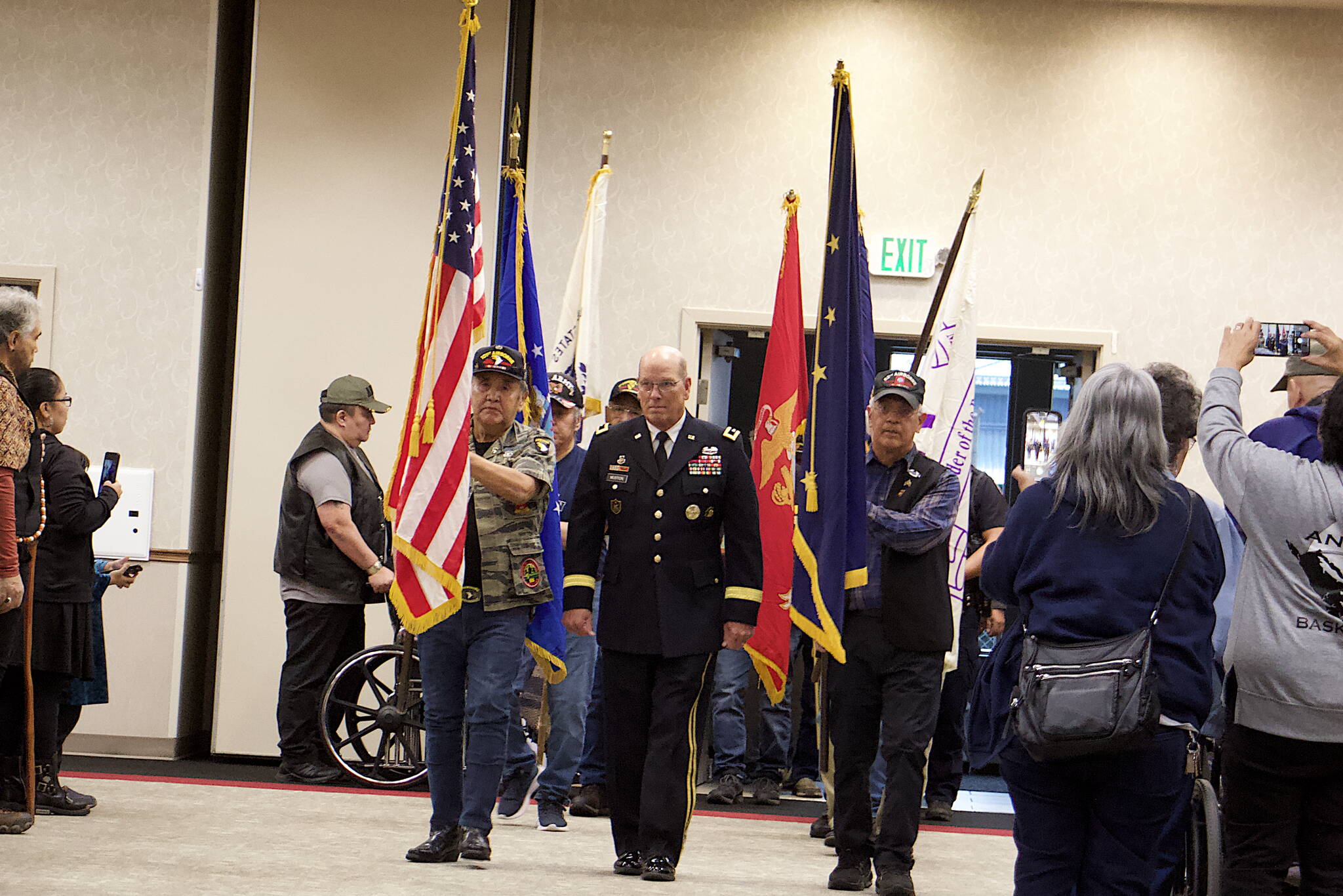 A color guard enters Elizabeth Peratrovich Hall during a Veterans Day celebration on Saturday hosted by Southeast Alaska Native Veterans. (Mark Sabbatini / Juneau Empire)