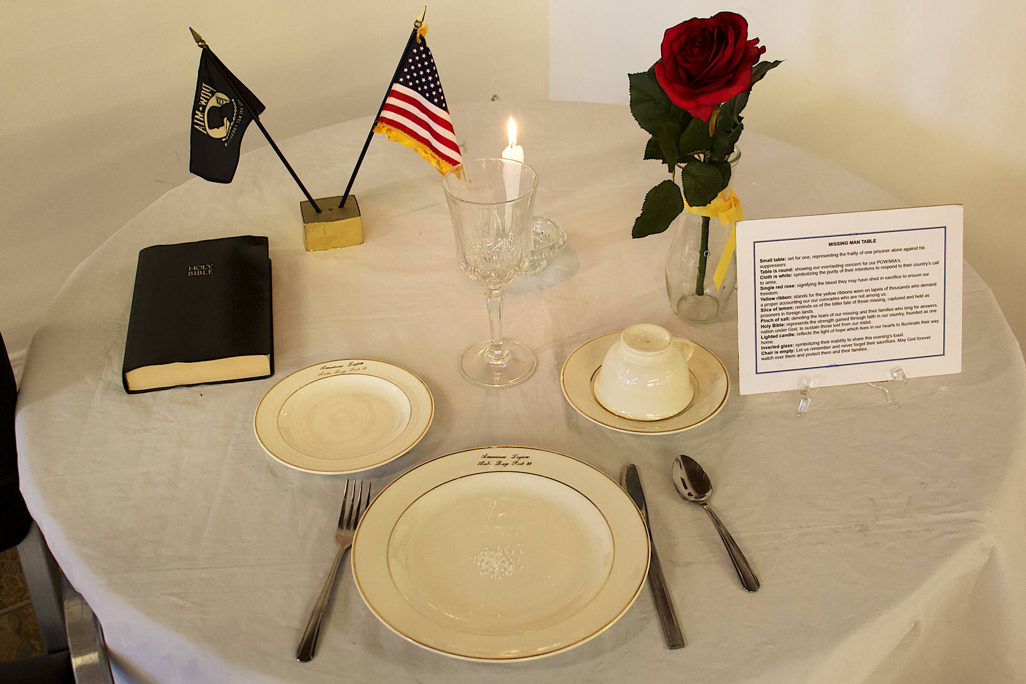 A table setting is laid out on the Missing Man Table during an annual Veterans Day lunchtime gathering at American Legion Auke Bay Post 25 on Saturday. (Mark Sabbatini / Juneau Empire)