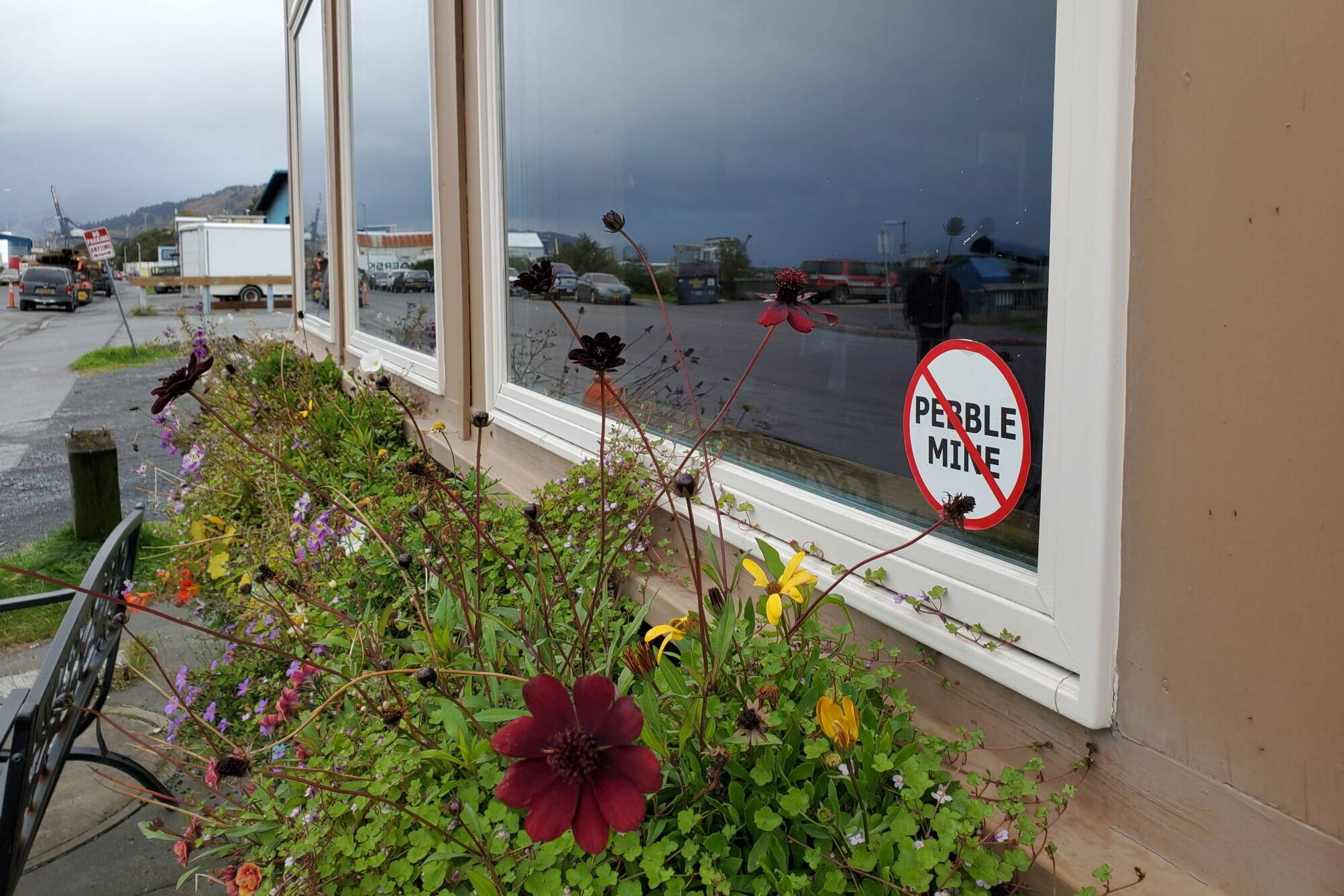 A sticker expressing opposition to the Pebble Mine is seen on a coffee shop window in Kodiak on Oct. 3, 2022. Opposition to the mine has been widespread in Alaska’s fishing communities for several years. The fight is now being waged in briefs filed with the U.S. Supreme Court, as the Pebble Limited Partnership continues to push for mine development. (Photo by Yereth Rosen/Alaska Beacon)