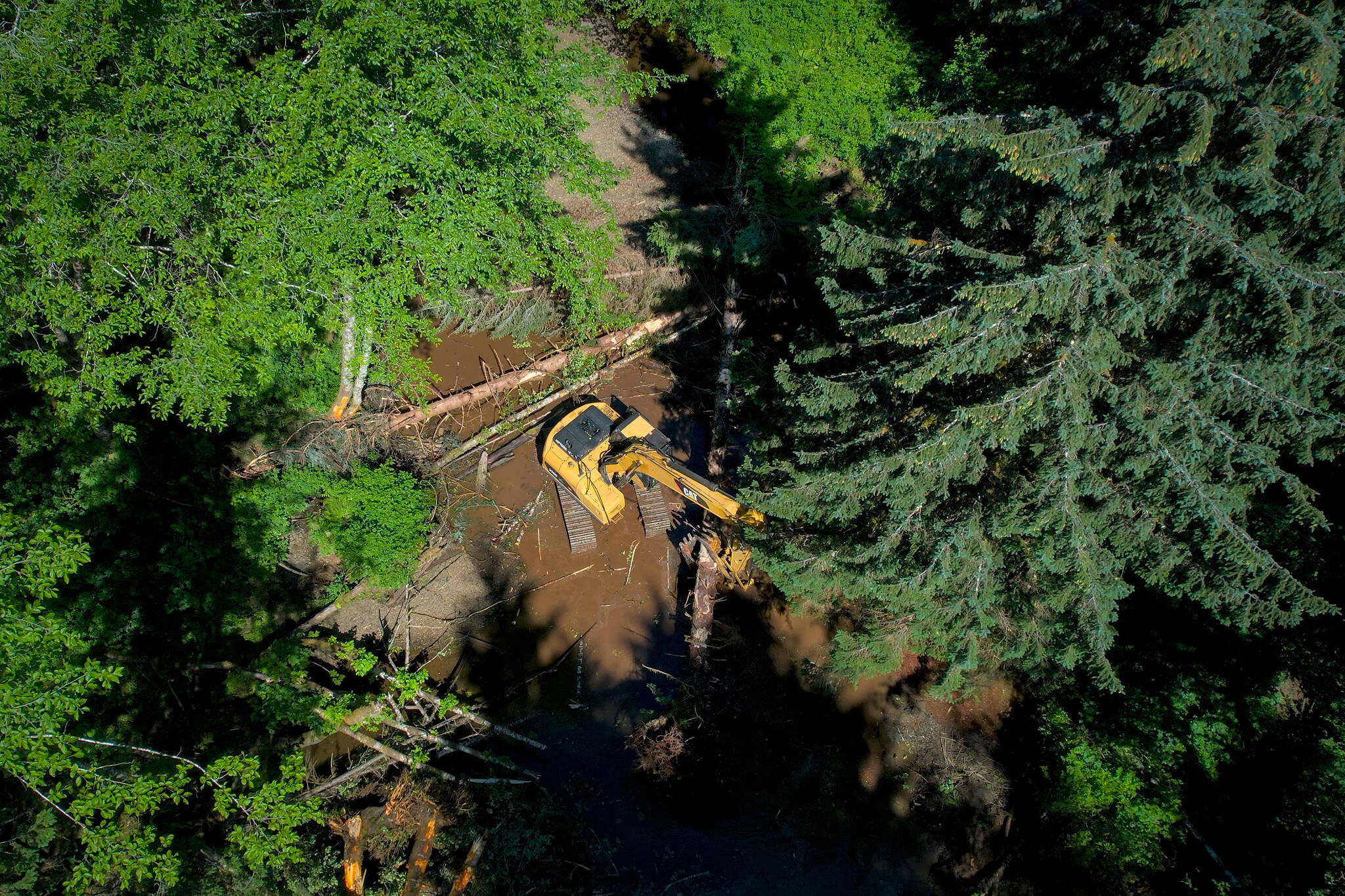 Heavy equipment contractor TM Construction works with the U.S. Forest Service on a stream restoration project in Skanaxhéen on Kuiu Island. Heavy equipment stream restoration is another example of how this regenerative work can create jobs and opportunities throughout the region. This work is done during an “in-stream window” when there will be the least impact to spawning salmon. (Photo by Lee House)