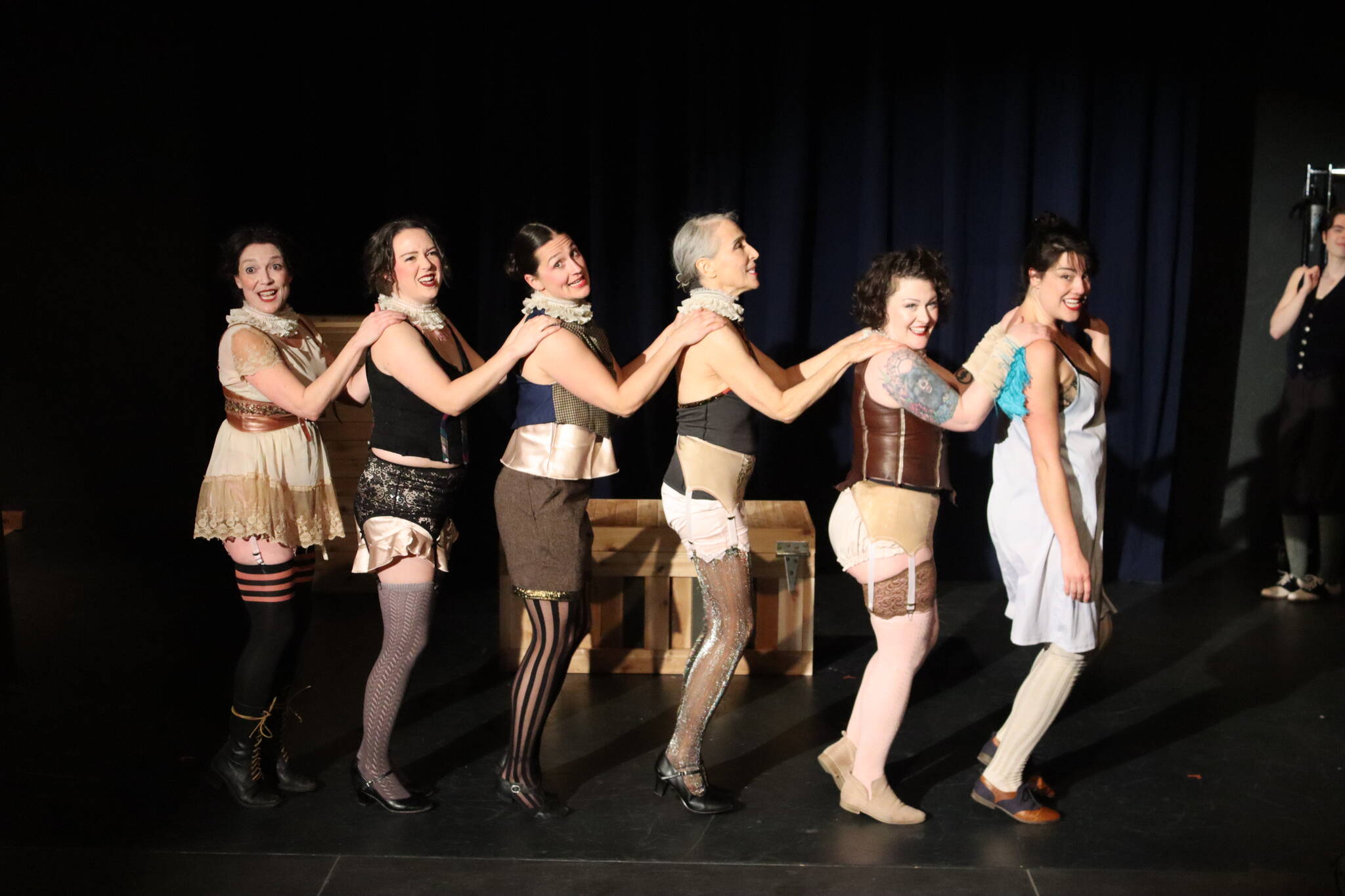 The women of the Kit Kat Club in “Cabaret” take center stage during a rehearsal Monday night at McPhetres Hall for the production by Theatre in the Rough that opens Friday (Meredith Jordan/ Juneau Empire)