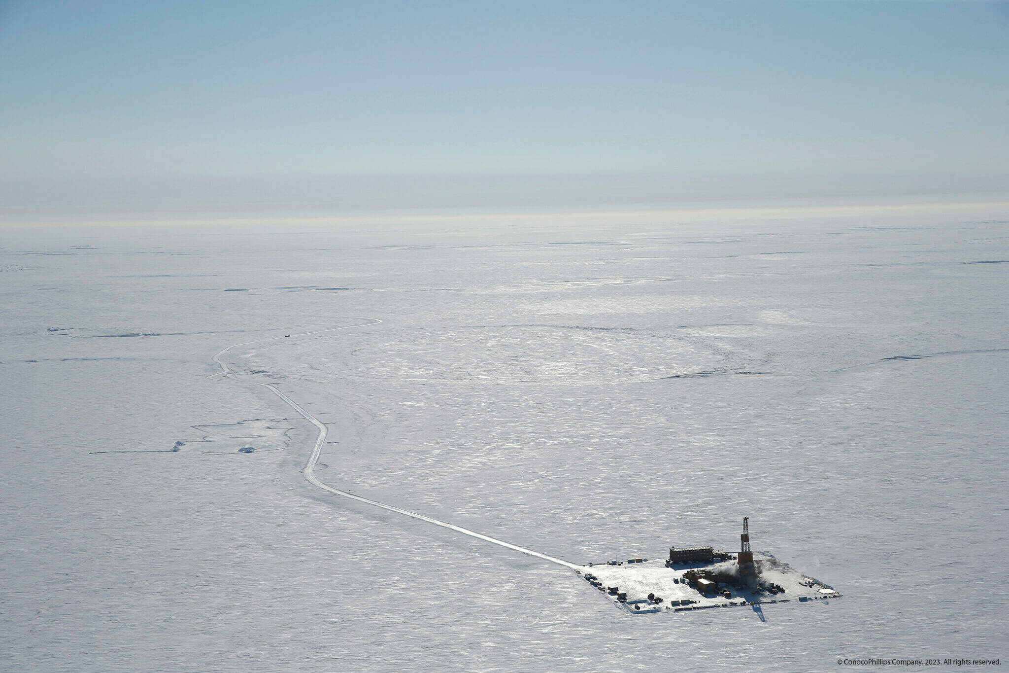 An exploration site at ConocoPhillips’ Willow prospect is seen from the air in the 2019 winter season. Willow is located in the National Petroleum Reserve in Alaska. (Photo by Judy Patrick/provided by ConocoPhillips Alaska Inc.)