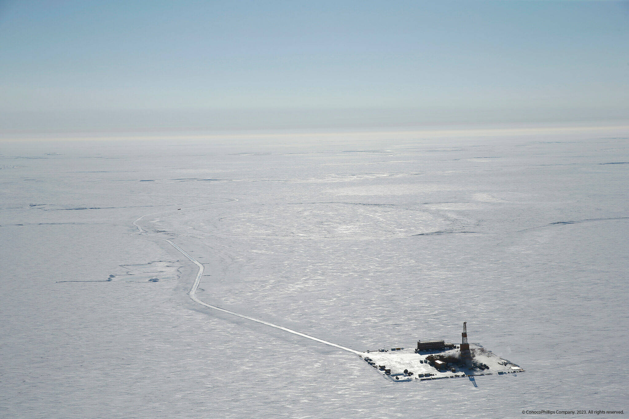 An exploration site at ConocoPhillips Willow prospect is seen from the air in the 2019 winter season. Willow is located in the National Petroleum Reserve in Alaska. (Photo by Judy Patrick/provided by ConocoPhillips Alaska Inc.)