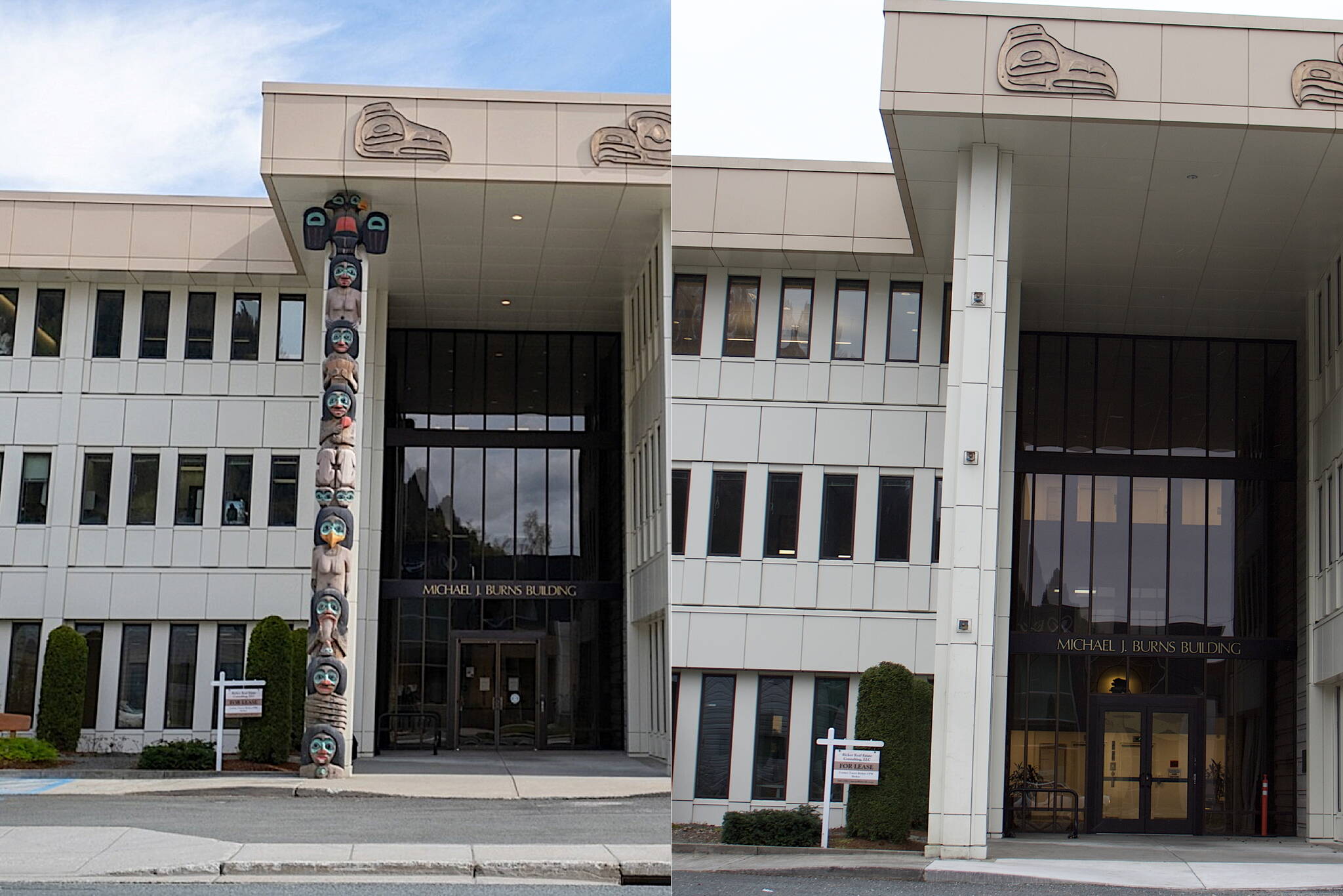 A 30-foot-tall totem pole, seen in the photo at left, was removed from Michael J. Burns Building on Friday, as seen in the photo at right taken Sunday. The totem pole, plus two others already removed from the interior of the building that houses the Alaska Permanent Fund Corp., are scheduled to be placed at Goldbelt Inc.’s headquarters for its 50th anniversary celebration. (Left photo courtesy of the Alaska Permanent Fund Corp.; right photo by Mark Sabbatini / Juneau Empire)