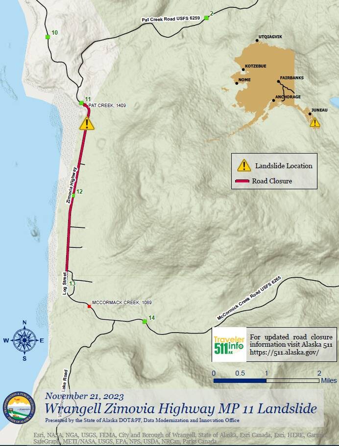 A map shows the area where a landslide occurred in Wrangell on Monday night and the stretch of road affected. (Alaska Department of Transportation and Public Facilities)