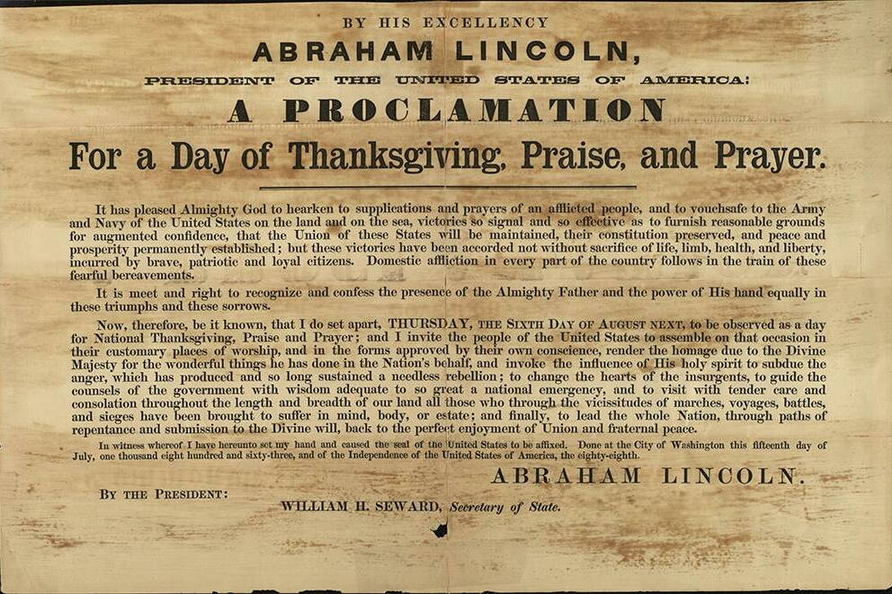A public notice about one of several Thanksgiving proclamations President Abraham Lincoln issued during the Civil War. (Abraham Lincoln Presidential Library and Museum)