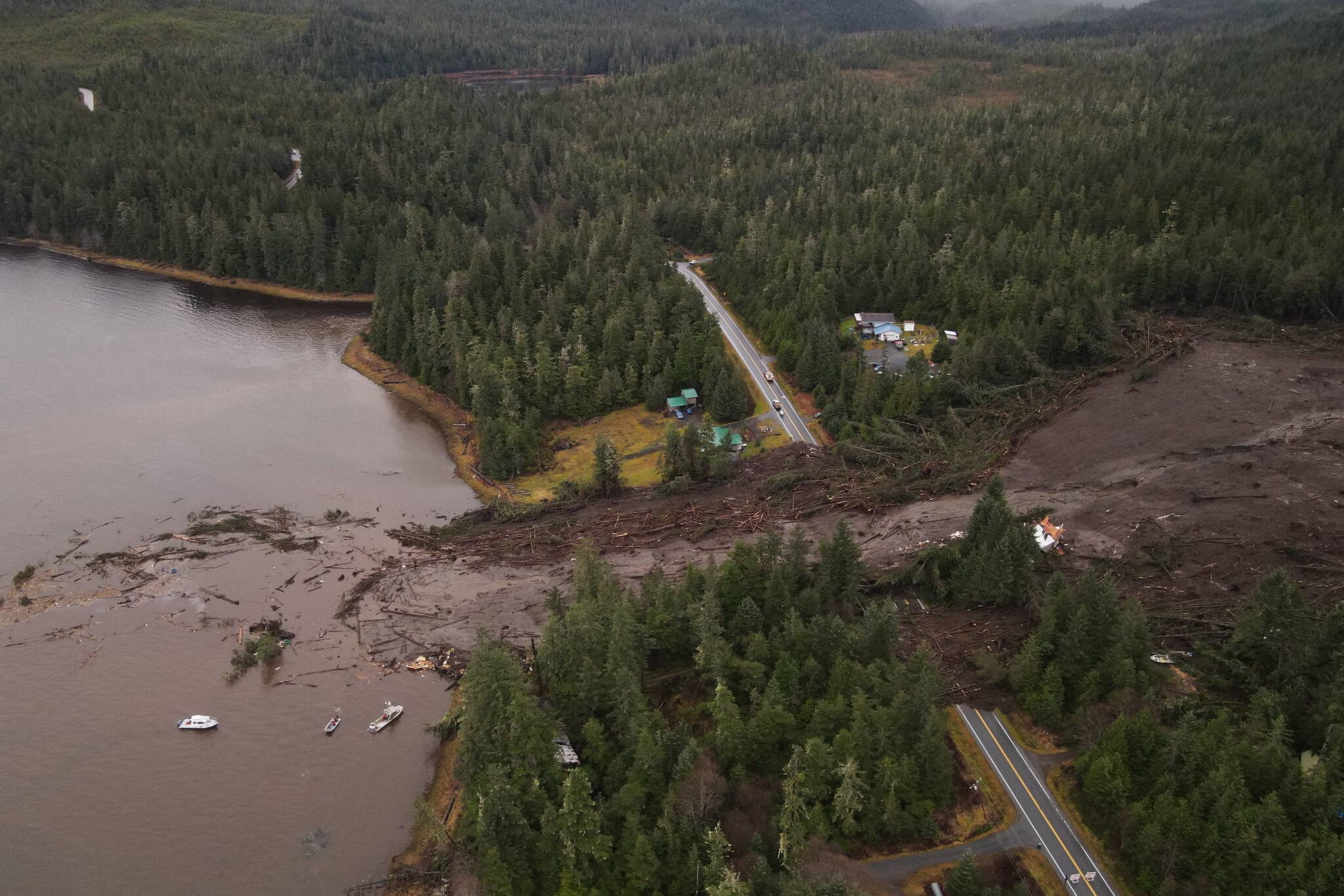 An overhead view of the landslide that struck about 11 miles south of the center of Wrangell, destroying three homes and leaving six people dead or missing. (Photo courtesy of Caleb Purviance via the Alaska Department of Transportation and Public Facilities)