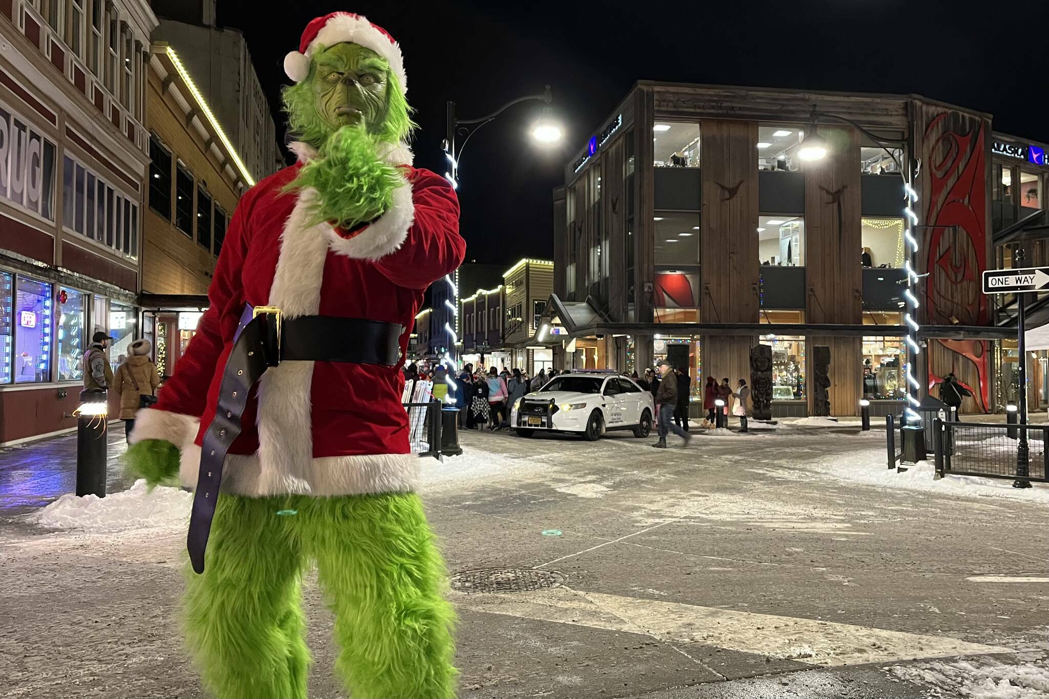 Even the Grinch got into the holiday spirit at last year’s Gallery Walk on Friday, Dec. 2, 2022. (Jonson Kuhn / Juneau Empire File)