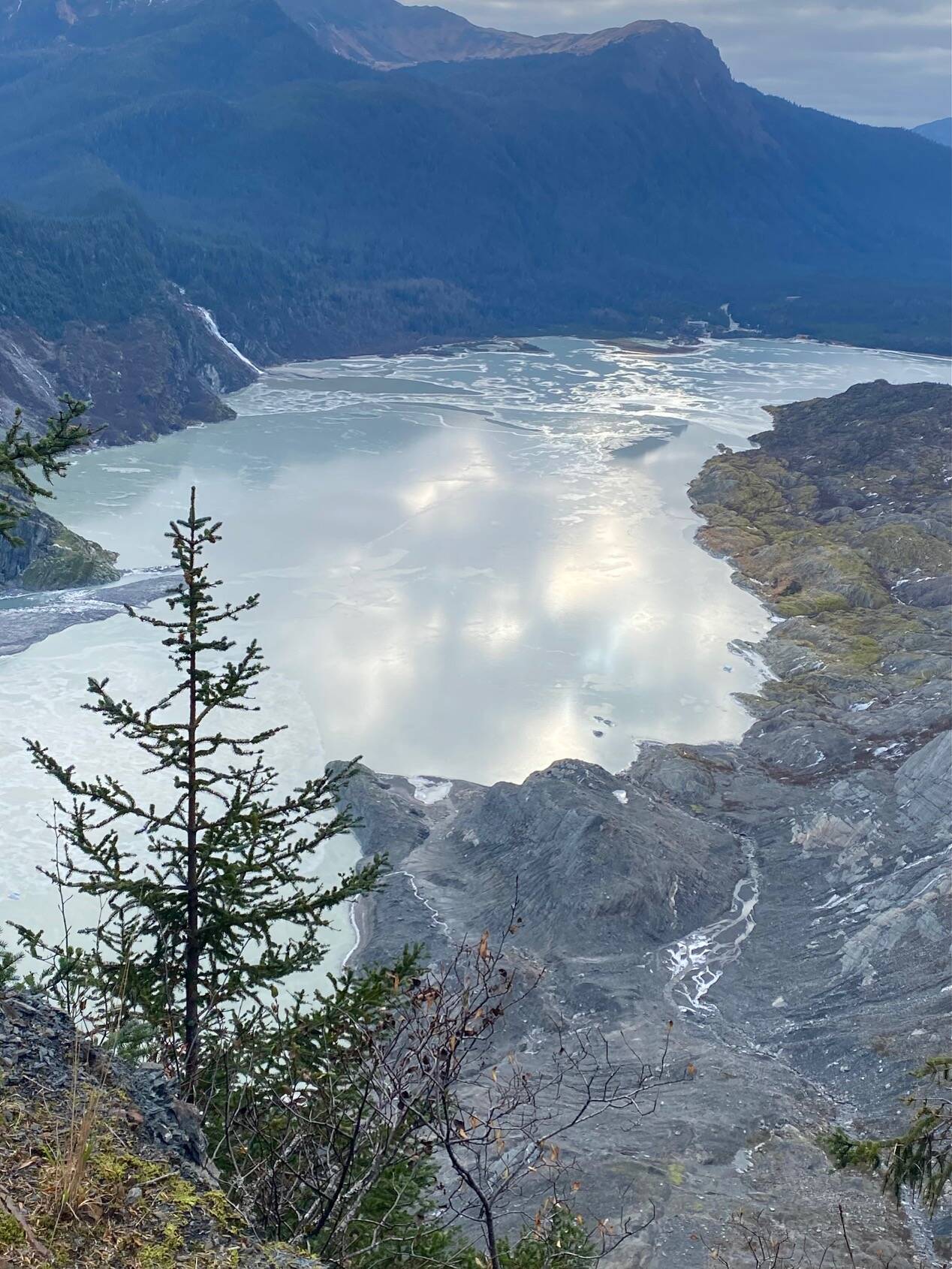 Mendenhall Lake with Nugget Falls visible in the distance as seen on Oct. 18. (Photo by Denise Carroll)