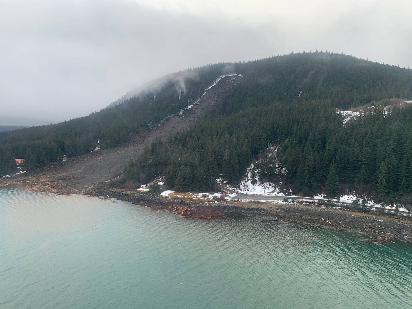 A rainstorm caused landslides in Haines, Alaska, December 3, 2020. The Coast Guard remains engaged with the Alaska State Troopers and the city of Haines while responding to this event. –U.S. Coast Guard photo by Lt. Erick Oredson