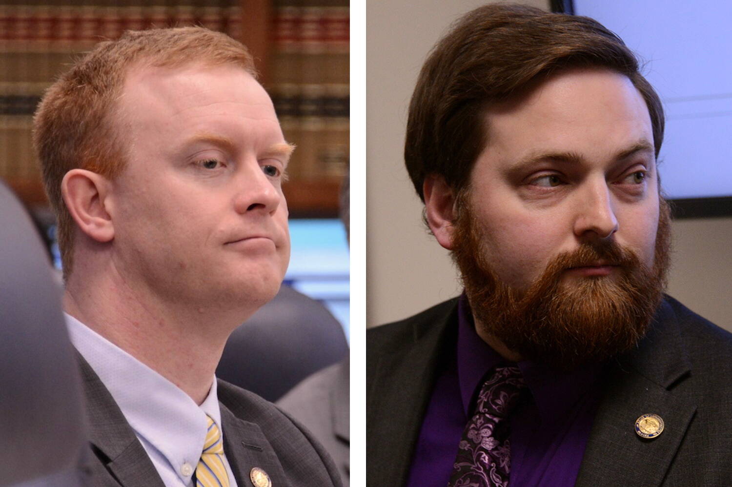 Rep. David Eastman, R-Wasilla, right, and former Rep. Christopher Kurka, R-Wasilla, saw ethics complaints against them dismissed on Nov. 29. (Photos by James Brooks/Alaska Beacon)
