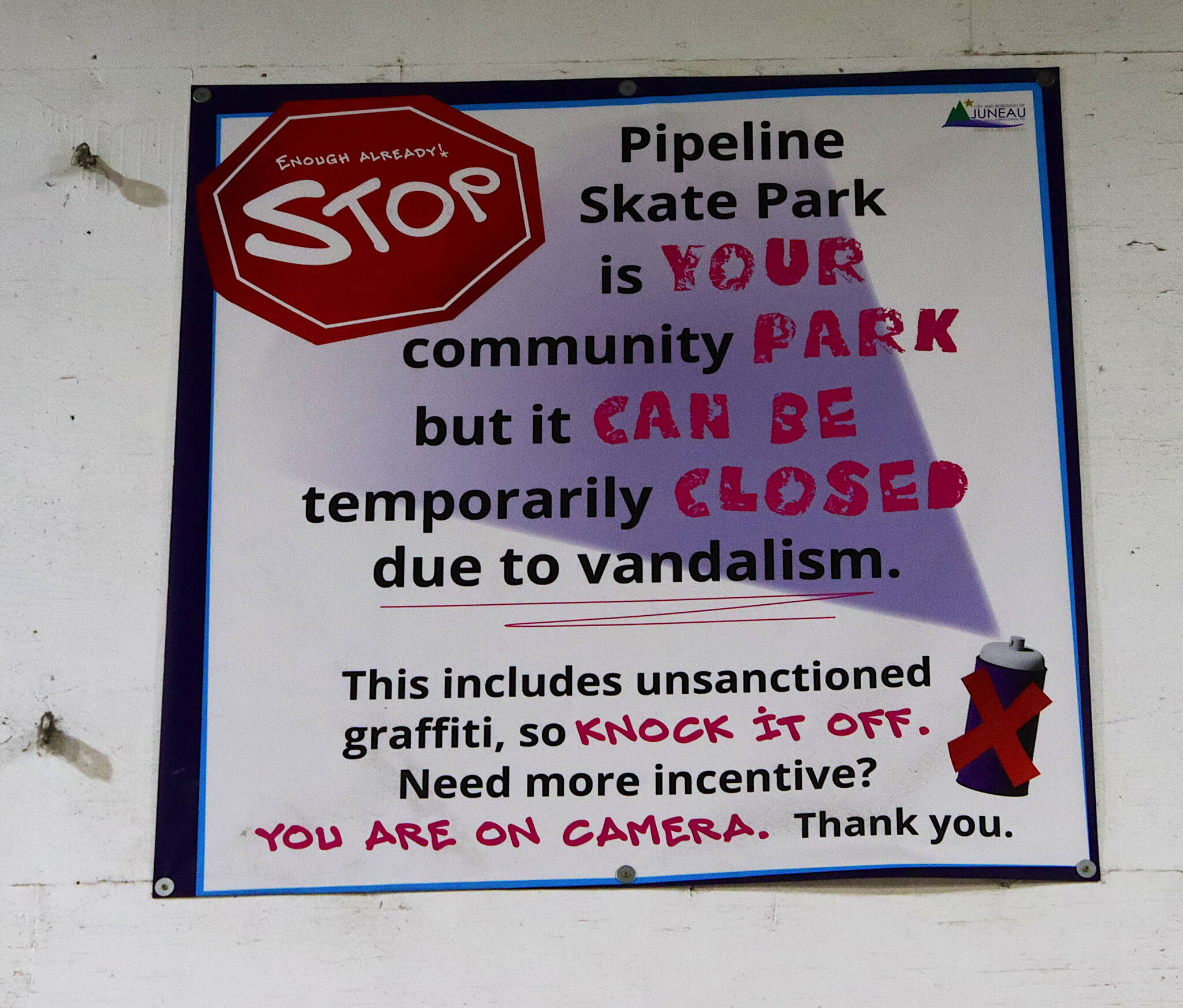 A sign inside the Pipeline Skate Park warns skateboarders about the consequences of vandalism, which were enacted on Thursday when the Juneau Parks and Recreation Department announced the hours at the skateboard park are being restricted until further notice. (Mark Sabbatini / Juneau Empire)