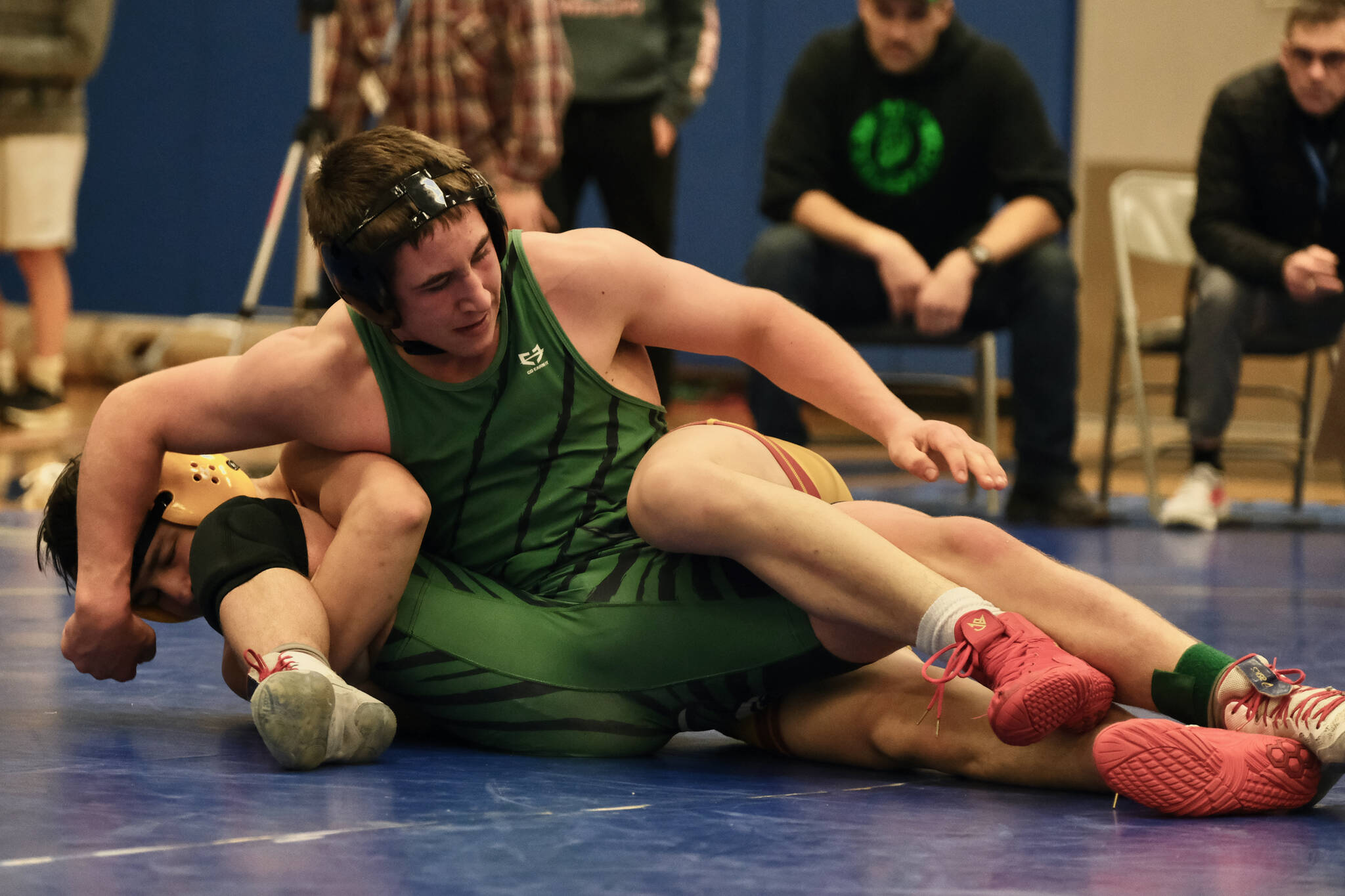 Haines sophomore Nolan Wald works against Mt. Edgecumbe junior Lennie Brandell during their 145-pound semifinal match of the 2023 Region V Wrestling Championships on Friday at Thunder Mountain High School. (Klas Stolpe / For the Juneau Empire)