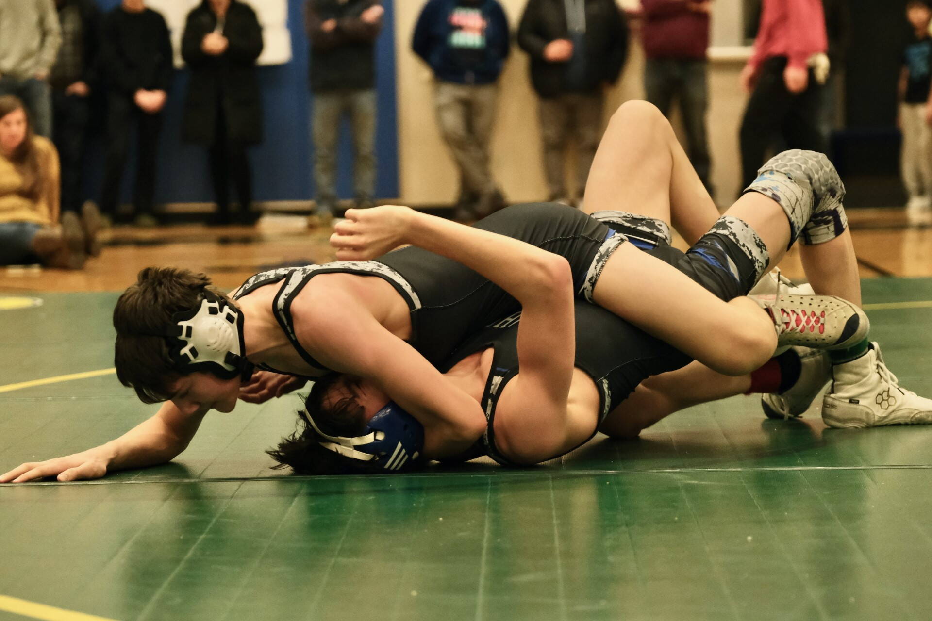 Thunder Mountain High School freshman Camden Messmer pins teammate Landyn Dunn in the 112-pound Division I championship match of the 2023 ASAA Region V wrestling tournament Saturday at THMS. (Klas Stolpe/ For the Juneau Empire)