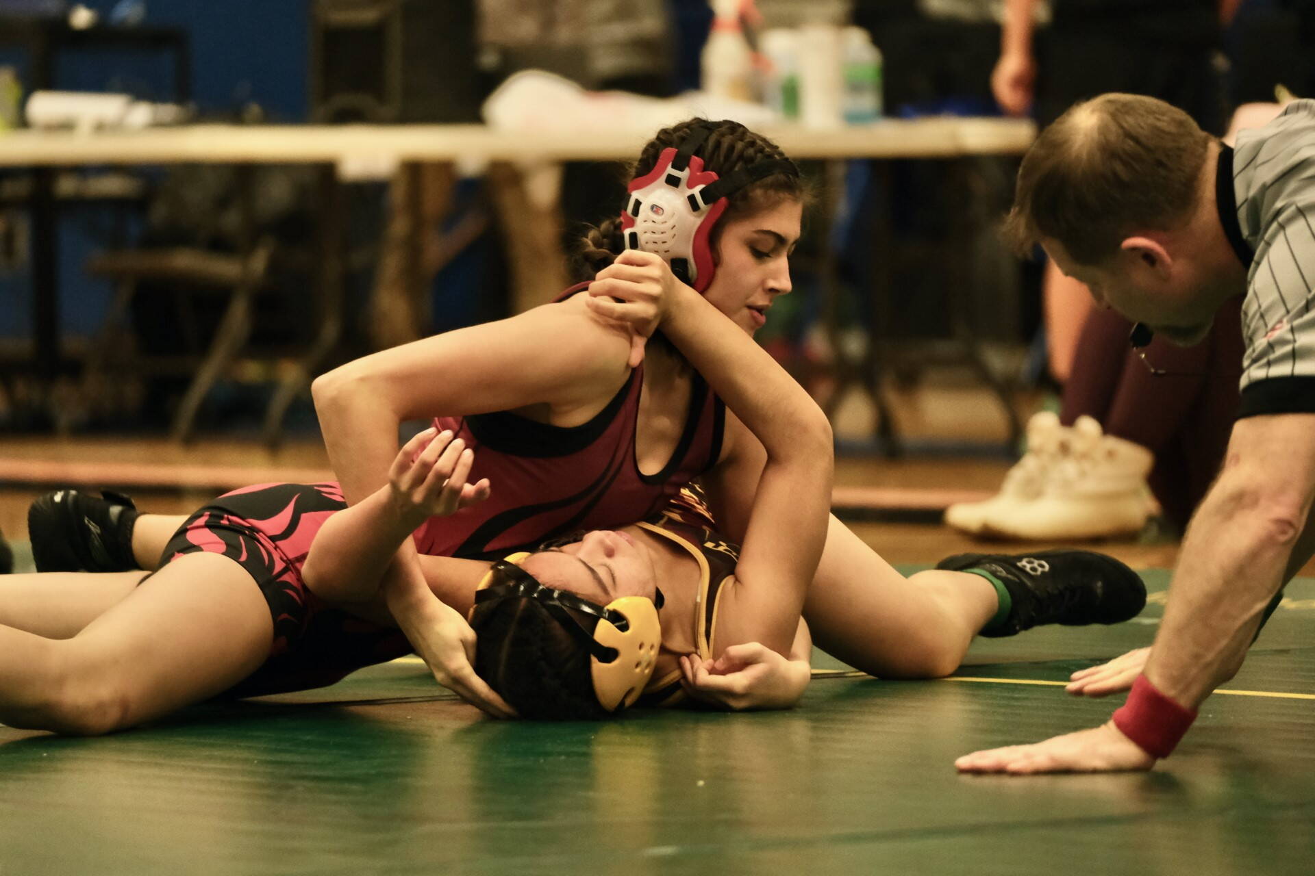 Wrangell junior Della Churchill pins Mt. Edgecumbe junior Nevaeh George in the girls 114-pound championship match of the 2023 ASAA Region V wrestling tournament Saturday at Thunder Mountain High School. Churchill was selected the Girls Outstanding Wrestler in the tournament. (Klas Stolpe/ For the Juneau Empire)