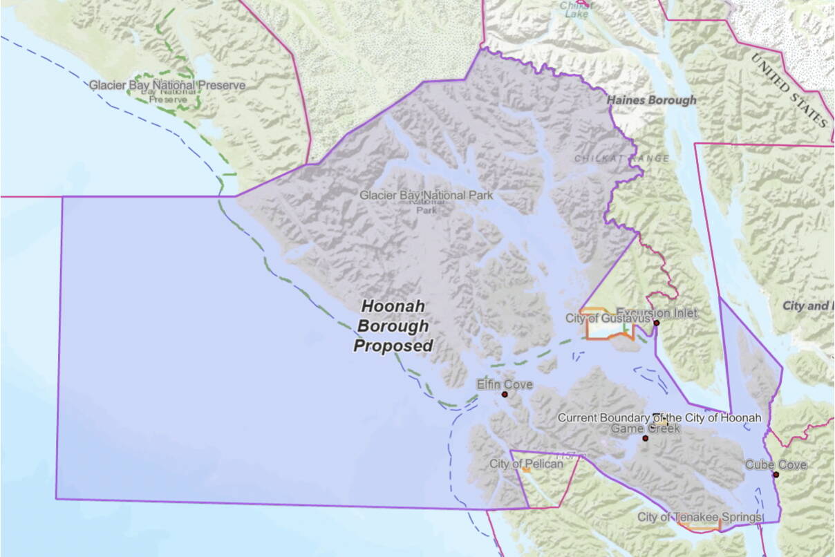 The borders of the proposed Xunaa Borough are seen in a state map. Xunaa Borough — spelled Hoonah in the map — would incorporate more than 10,000 acres of surface area, mostly water, if the Local Boundary Commission and Hoonah voters approve it. (Alaska Division of Community and Regional Affairs map)