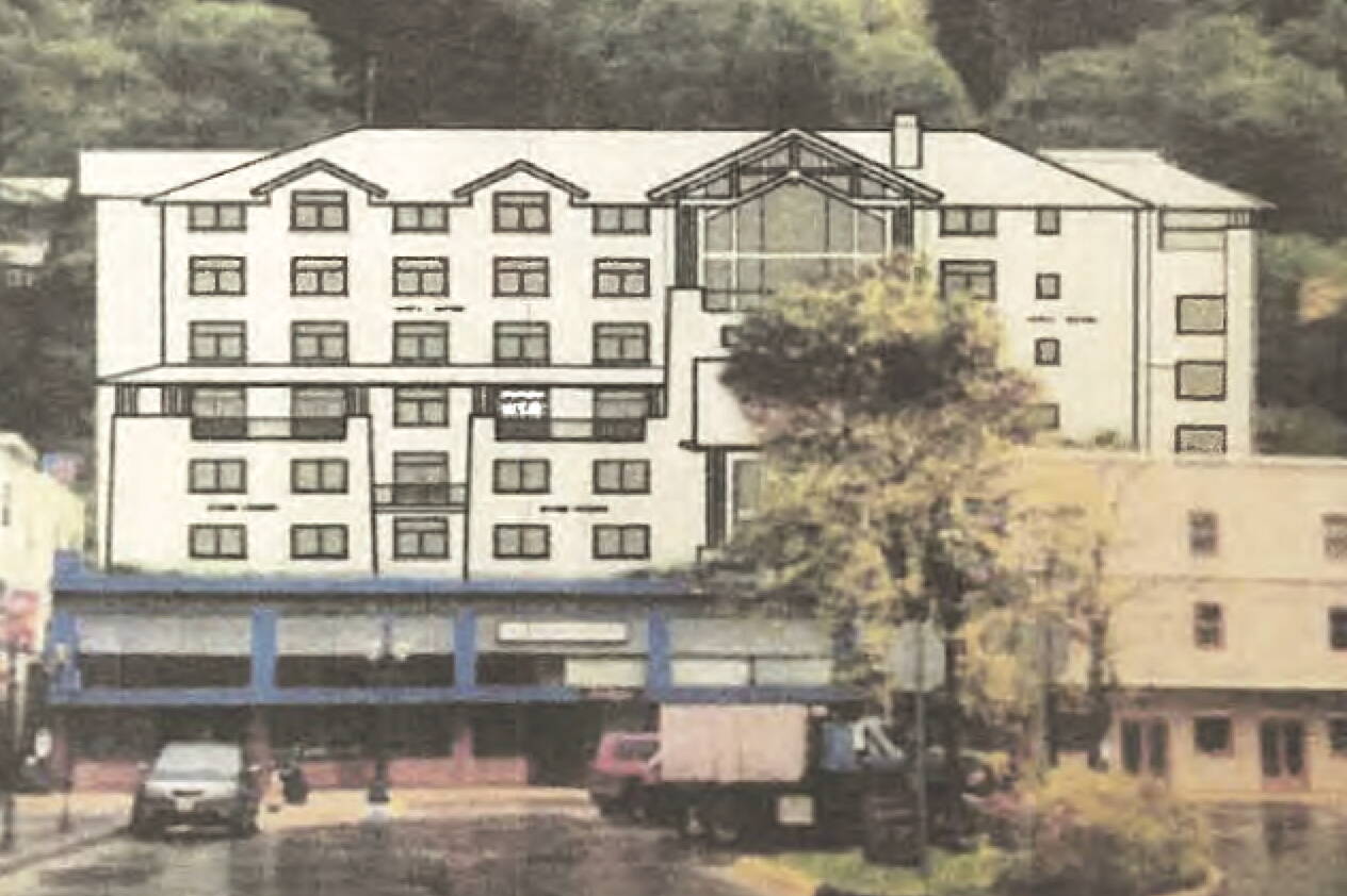 An illustration shows the conceptual design for Gastineau Lodge Apartments in downtown Juneau, which the project’s applicant hopes will be ready for occupancy by the summer of 2025. (Image from documents submitted to the Juneau Planning Commission)