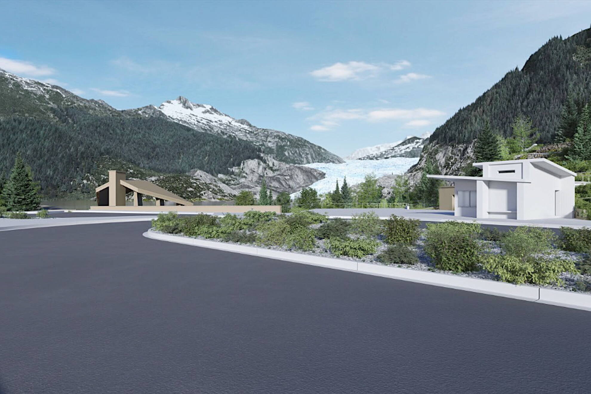 Image from the Notice of Decision published by the U.S. Forest Service
An illustration shows a new Welcome Center and plaza area at the Mendenhall Glacier Recreation Area as proposed in May. The facilities approved in a Notice of Decision on Thursday are similar, but are being relocated further from the face of the glacier to the existing commercial overflow parking lot.