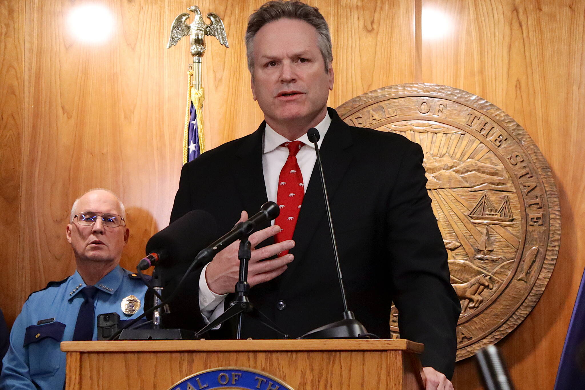 Gov. Mike Dunleavy discussed his proposed state budget for next year during a press conference Thursday at the Alaska State Capitol. (Mark Sabbatini / Juneau Empire)