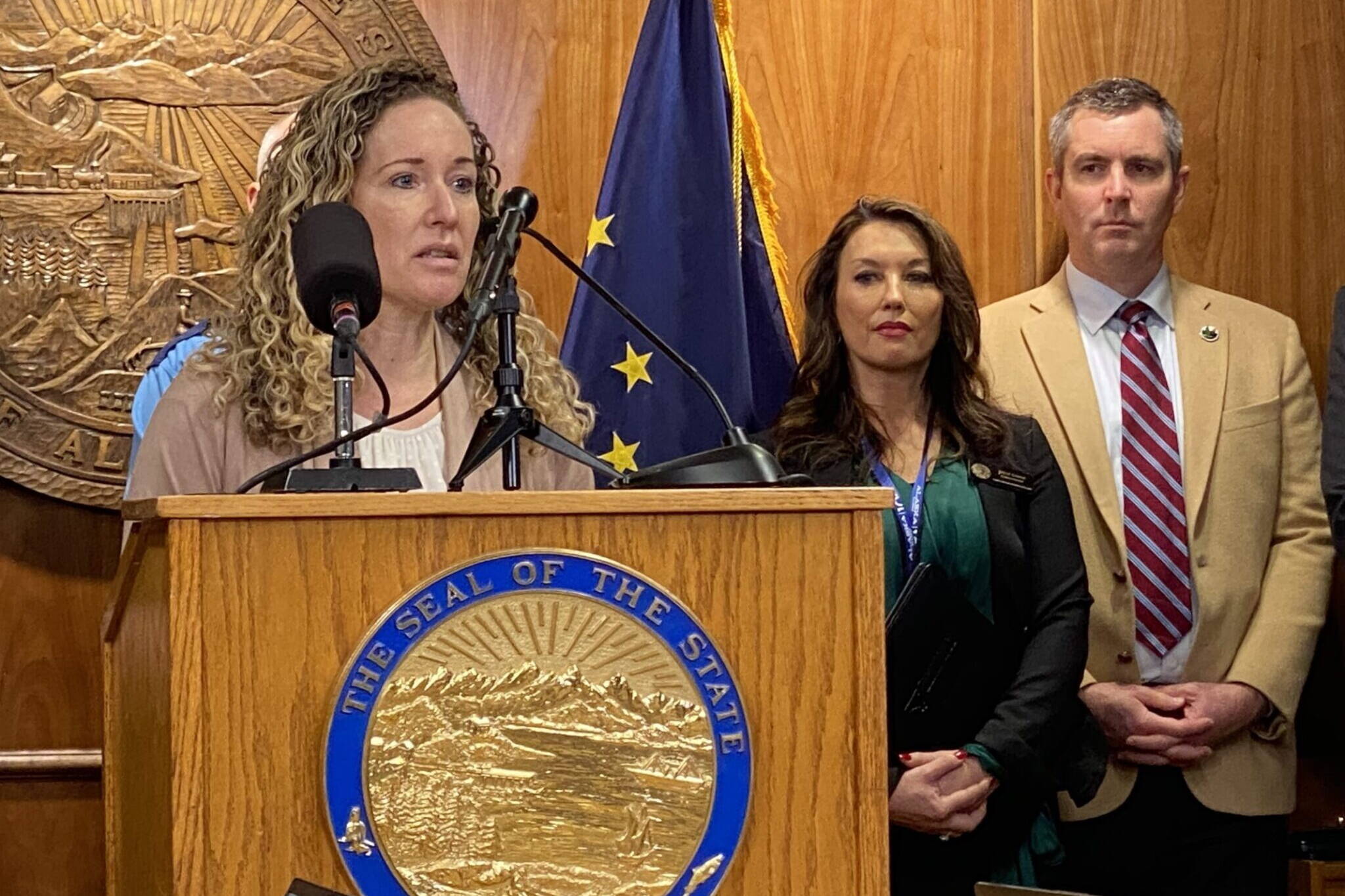 Alaska Department of Health Commissioner Heidi Hedberg gave an update on the backlog of food aid applications in the Division of Public Assistance at a news conference for Gov. Mike Dunleavy’s proposed FY 2025 budget in on Thursday. (Claire Stremple/Alaska Beacon)