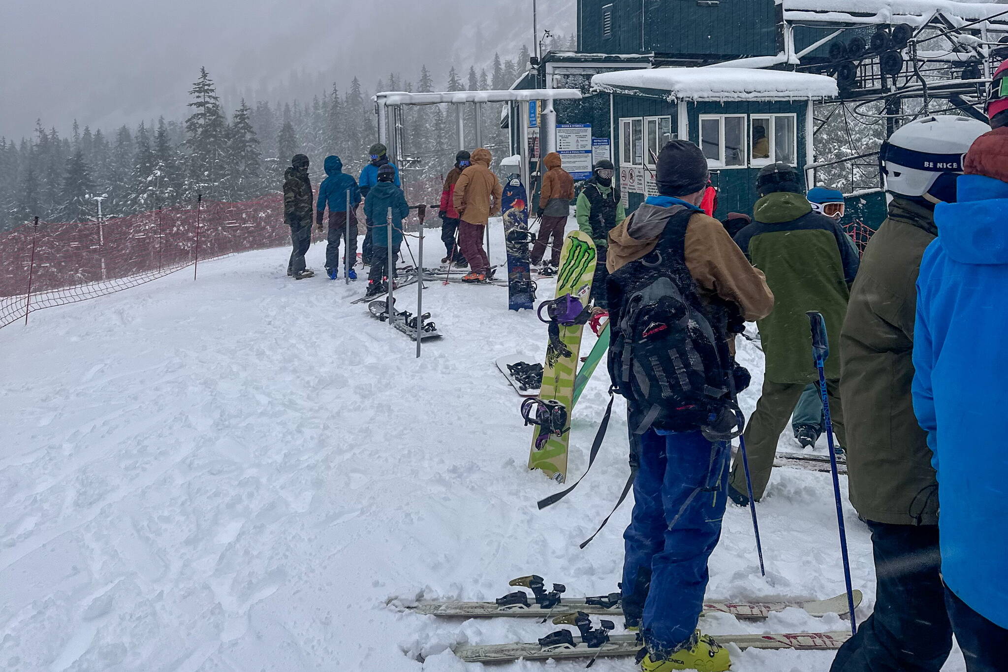 People line up at the Ptarmigan lift on Sunday morning in the hope Eaglecrest Ski Area would begin limited operations during the day, but high winds prevented the lift from opening. The ski area is scheduled to begin its daily holiday schedule on Wednesday. (Photo courtesy of Eaglecrest Ski Area)