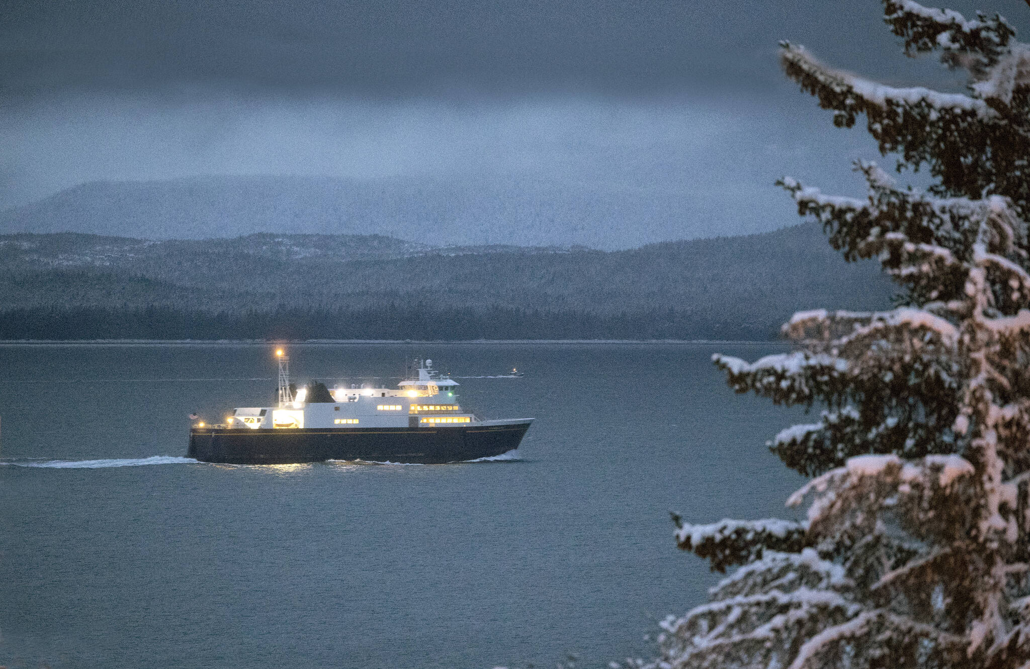 The Alaska Marine Highway System ferry Tazlina heads up to Haines and Skagway on the morning of Dec. 10 near south Shelter Island. (Courtesy photo / Kenneth Gill, gillfoto)