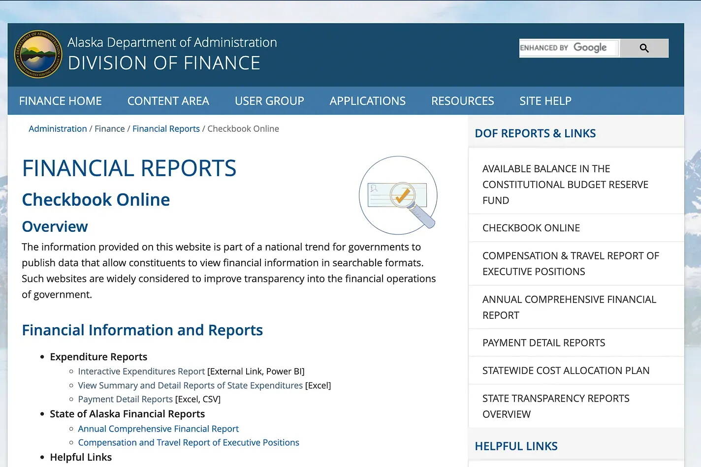 A screenshot of the Alaska Division of Finance’s “Checkbook Online” system.