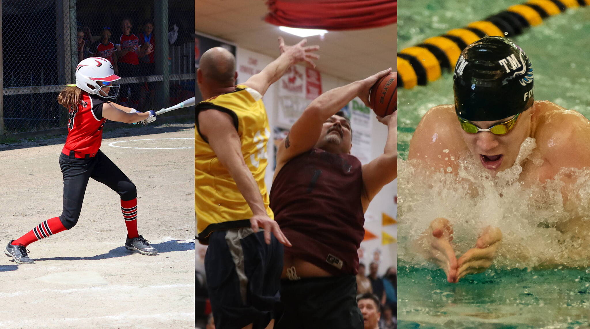 Juneau athletes compete in the state softball title (left), Gold Medal Basketball Tournament (center) and ASAA State Swim & Dive Championships during some of 2023’s local highlight sports moments. (Juneau Empire)