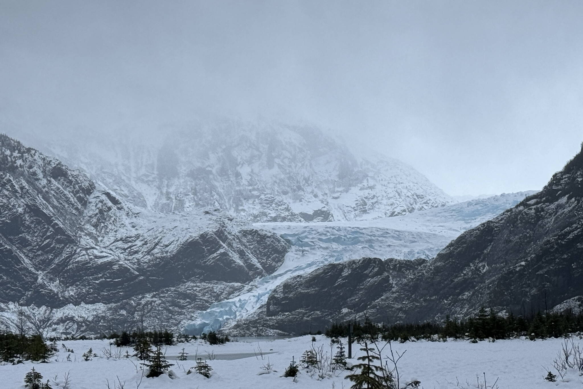 A wide view of the Mendenhall Glacier along the Nugget Falls Trail on Dec. 24. (Photo by Deana Barajas)