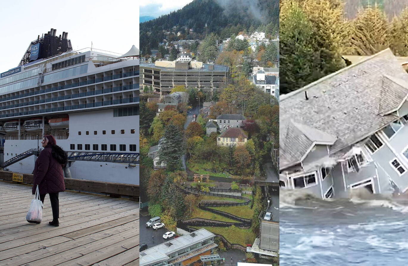 A cruise ship visitor prepares to depart Juneau, a view of Telephone Hill from above and a home falls into the flooded Mendenhall River. (Photos by Mark Sabbatini / Juneau Empire, City and Borough of Juneau, and a screenshot from a video by Sam Nolan)