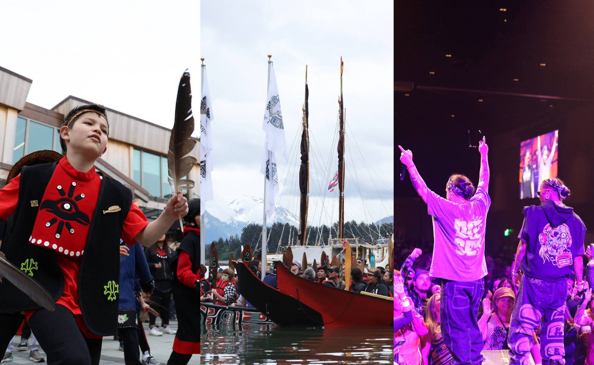 Indigenous celebrations took center stage in Juneau in 2023, including the debut of the Kootéeyaa Deiyí (Totem Pole Trail), launch of the Hōkūle‘a 47-month Polynesian canoe voyage and Áak’w Rock Indigenous music festival. (Clarise Larson / Juneau Empire file photos)