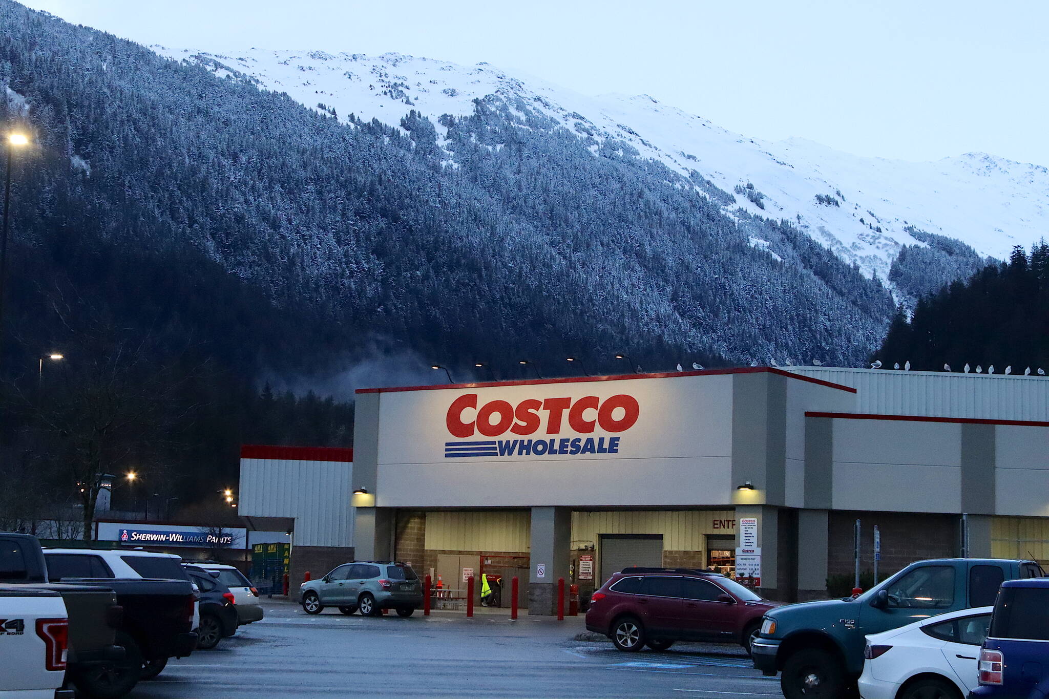 The parking lot of the Juneau Costco on Sunday afternoon, a day after a car hit a pedestrian and six vehicles. (Mark Sabbatini / Juneau Empire)