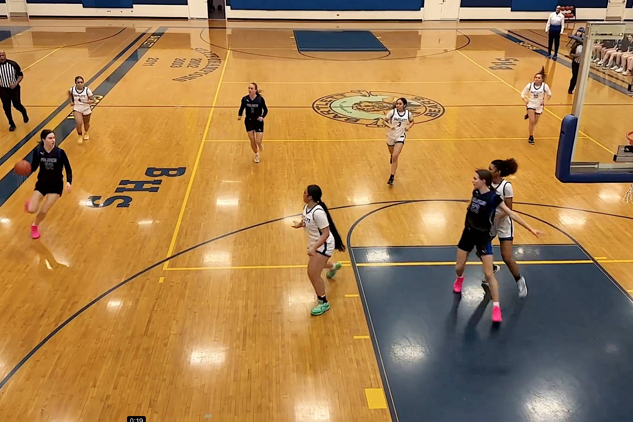 The Thunder Mountain High School girls’ basketball team runs a fast break against Bartlett High School on Friday in Anchorage. The Falcons, who played their first nine games on the road, open at home on Thursday against South Anchorage High School. (Screenshot from Thunder Mountain High School video)
