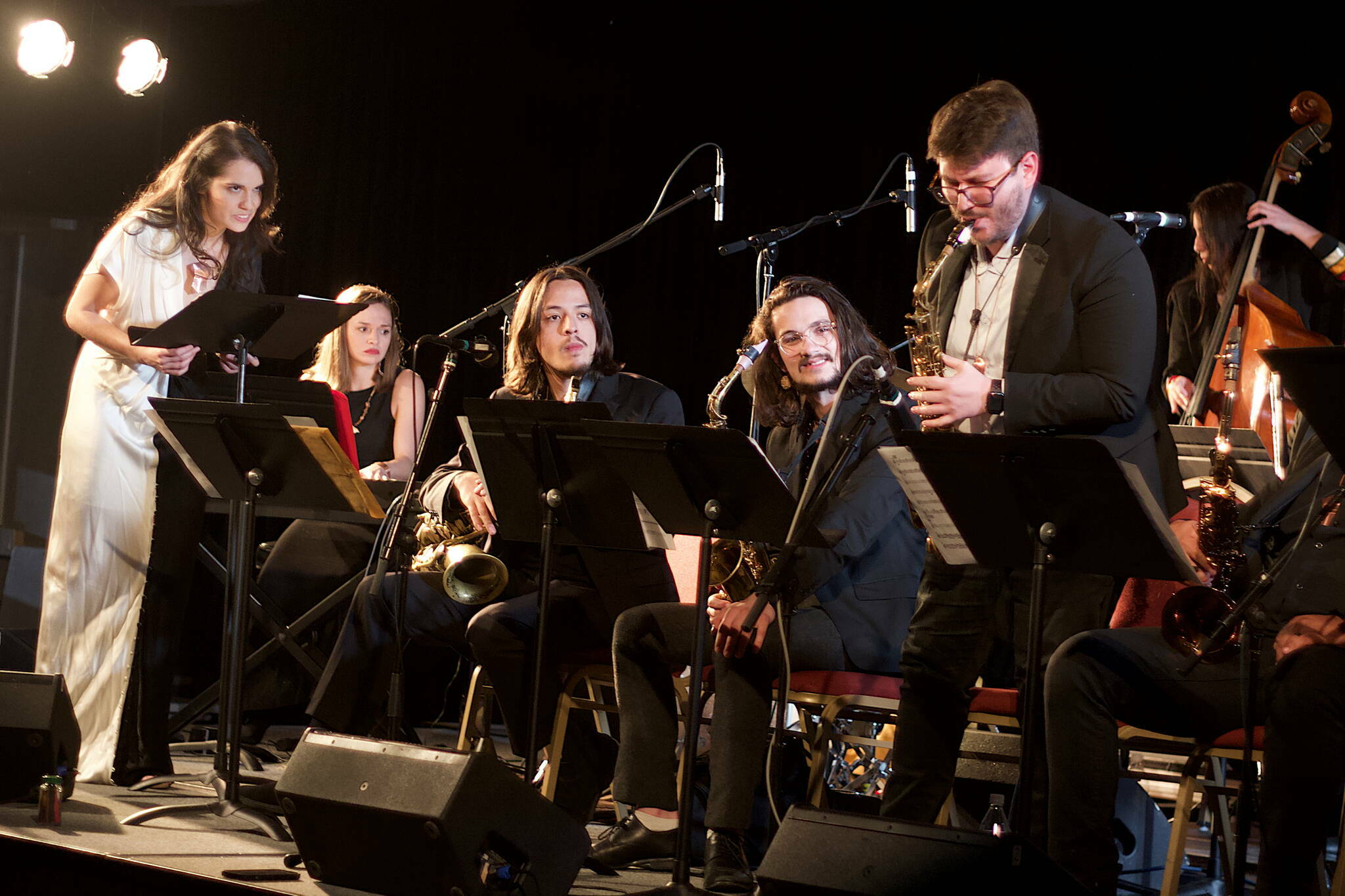 Julia Keefe, left, guides her Indigenous Big Band through a performance at Elizabeth Peratrovich Hall to open last spring’s Juneau Jazz & Classics festival on Friday, May 5, 2023. (Mark Sabbatini / Juneau Empire file photo)