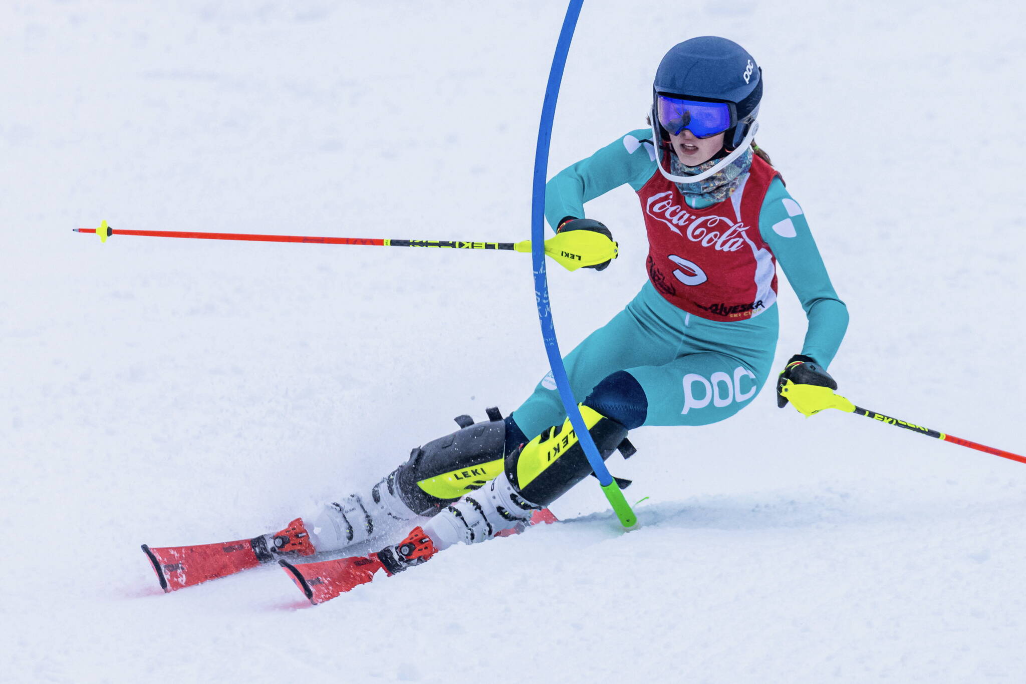 Juneau Ski Club U16 racer Eva Meyer competes in a slalom run during the Coca-Cola Classic Sunday at Girdwood. (Photo courtesy Bob Eastaugh)