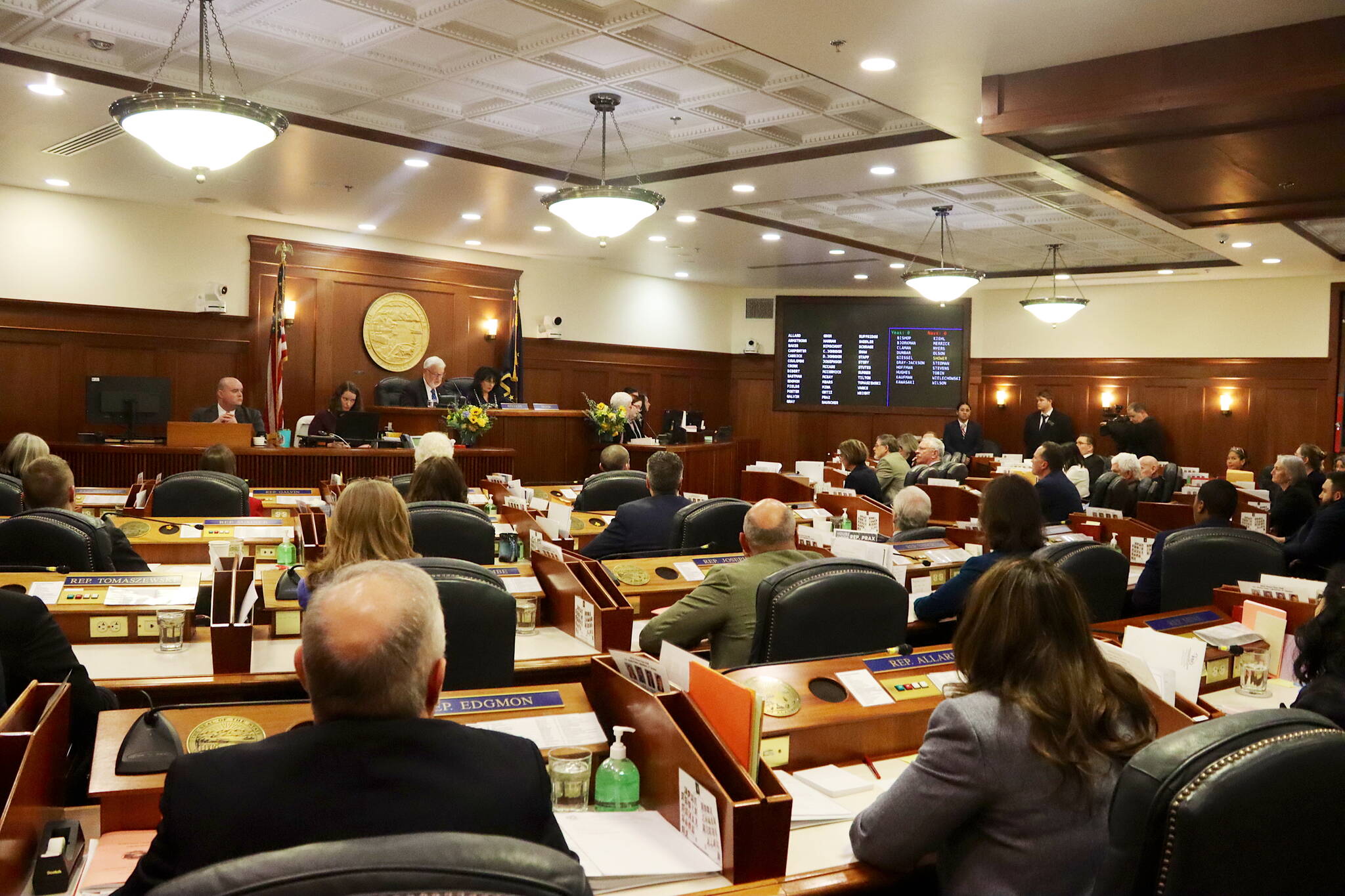 A joint session of the Alaska Legislature meets Thursday night to vote on overriding Gov. Mike Dunleavy’s veto to about $87.5 million of education funding. The override failed by a 33-26 vote. (Mark Sabbatini / Juneau Empire)