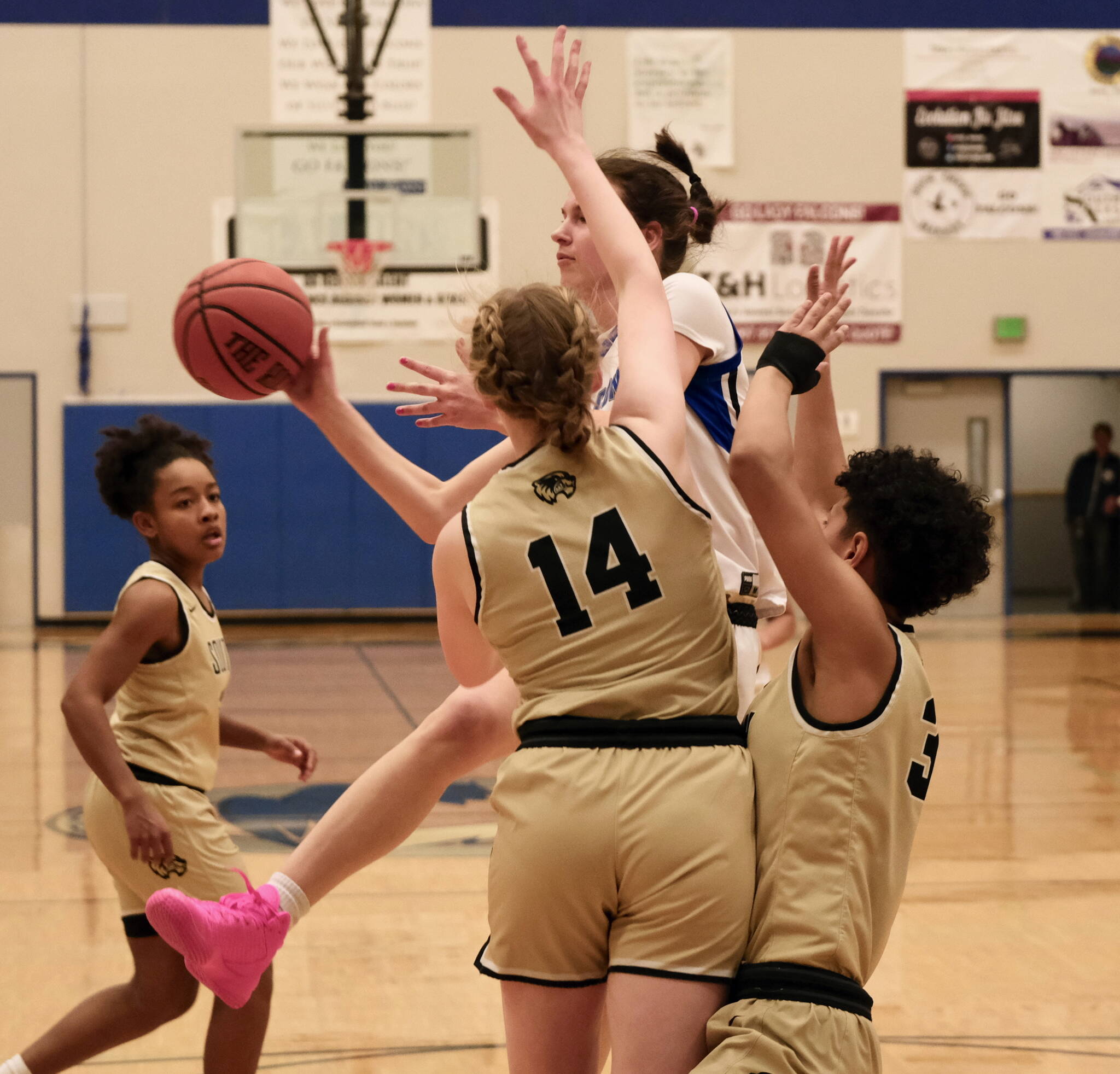 Thunder Mountain junior Kerra Baxter passes around South Anchorage defenders Karolina Rzeszut (14) and Isa Costadasily (32) during the Falcons 73-37 win over the Wolverines on Thursday at the Thunderdome. (Klas Stolpe / For the Juneau Empire)