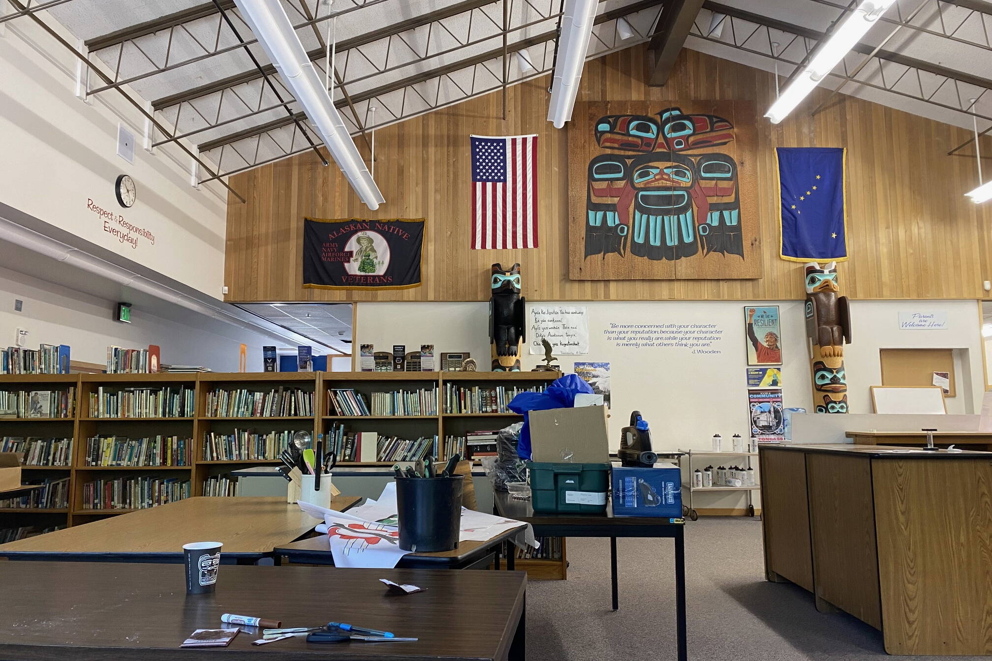 A view from the library of the Angoon High School, one of Alaska’s public schools, is seen on June 19, 2023. (Claire Stremple/Alaska Beacon)