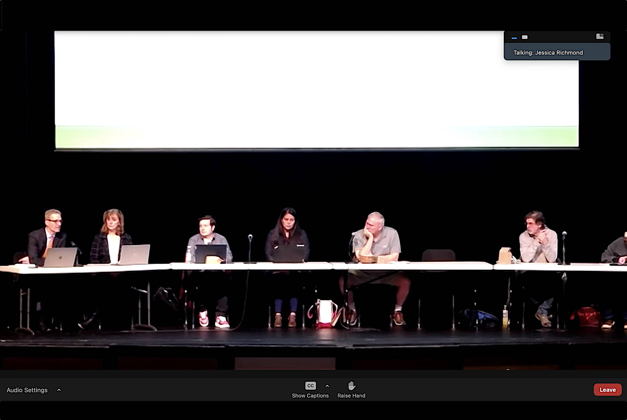 Juneau School District Superintendent Frank Hauser (left) and members of the Juneau Board of Education discuss the district’s financial crisis during a public meeting Thursday night at Juneau-Douglas High School: Yadaa.at Kalé. (Screenshot from Juneau School District livestream)