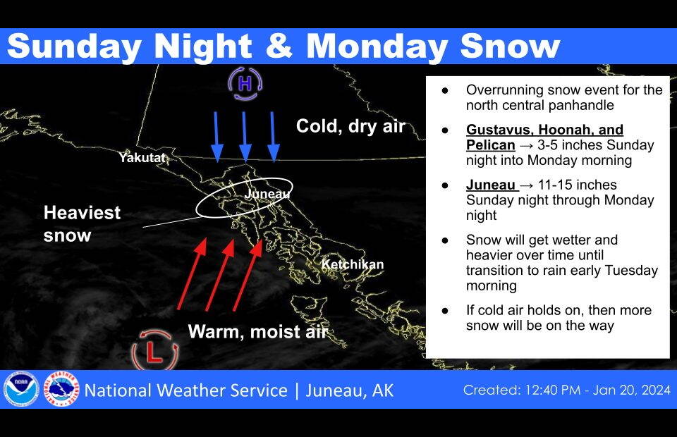 Another winter storm is expected to dump up to 15 inches of snow on Juneau by Monday night. (National Weather Service Juneau)